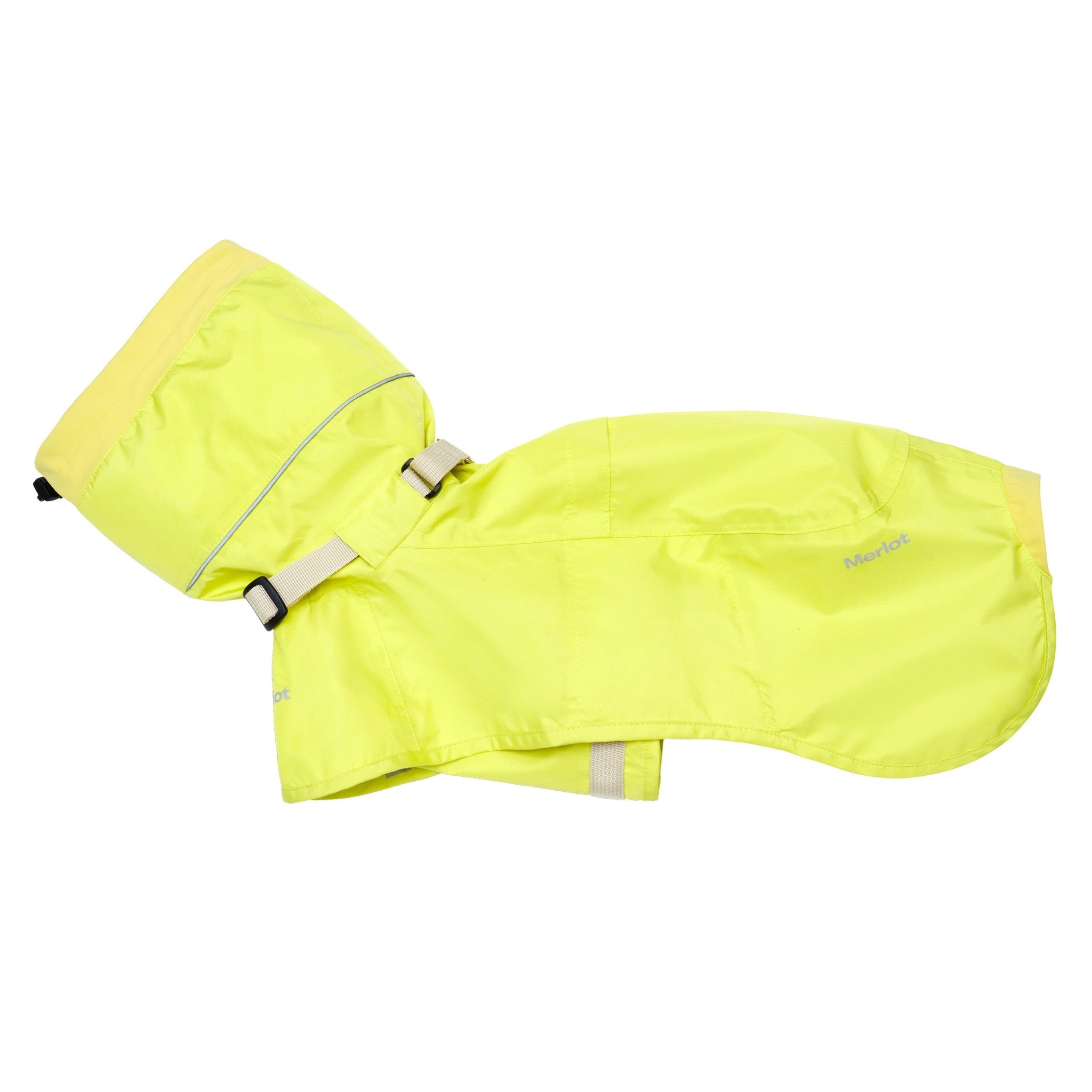 A professional studio product flat lay of the empty lemon yellow Merlot Ain™ dog raincoat, showing the adjustable beige neck straps, built-in cowl hood with a black toggle cord, and reflective silver branding.