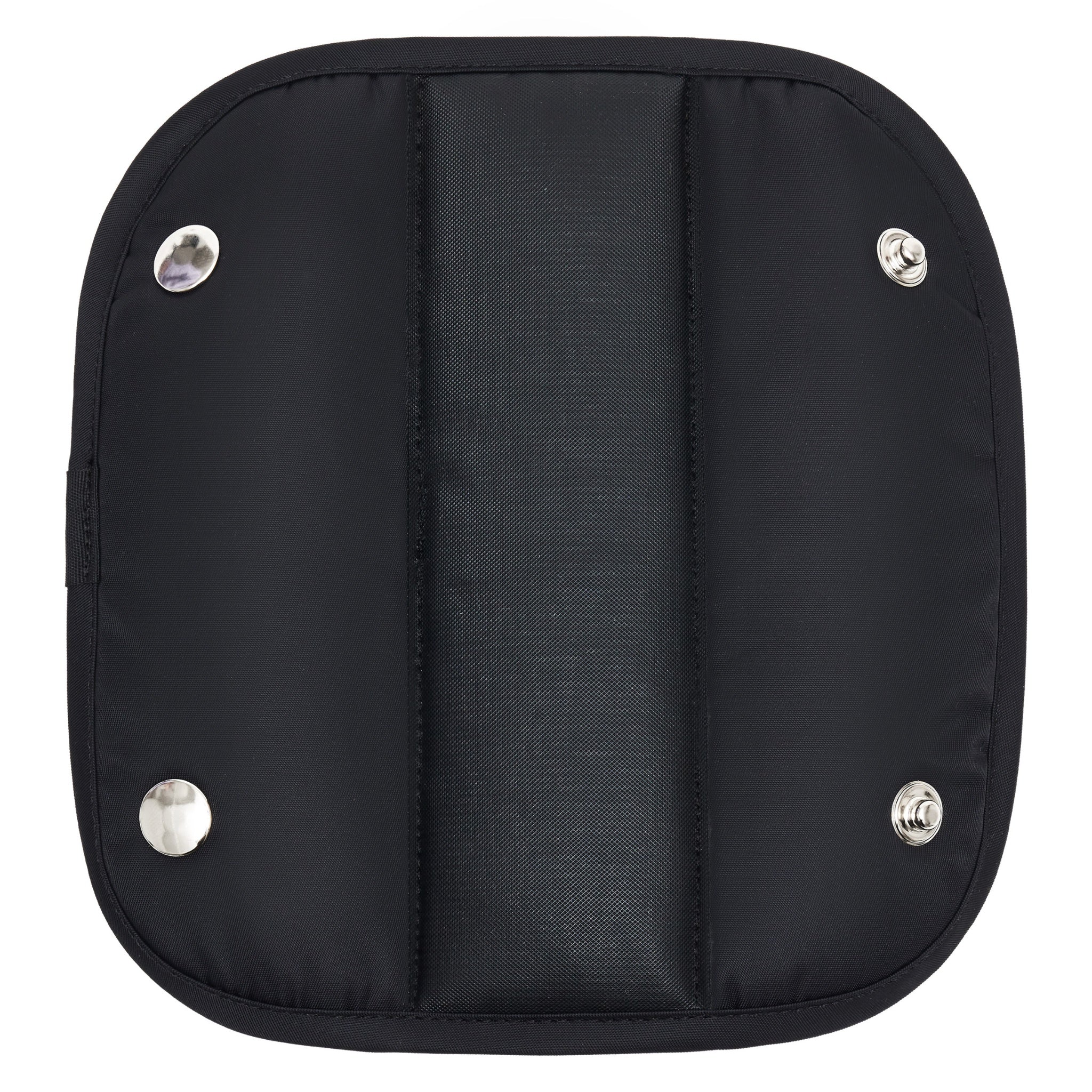 A flat overhead studio view of the detachable black padded shoulder piece for the Merlot Mermer cross strap, featuring four bright silver metal snap closures.