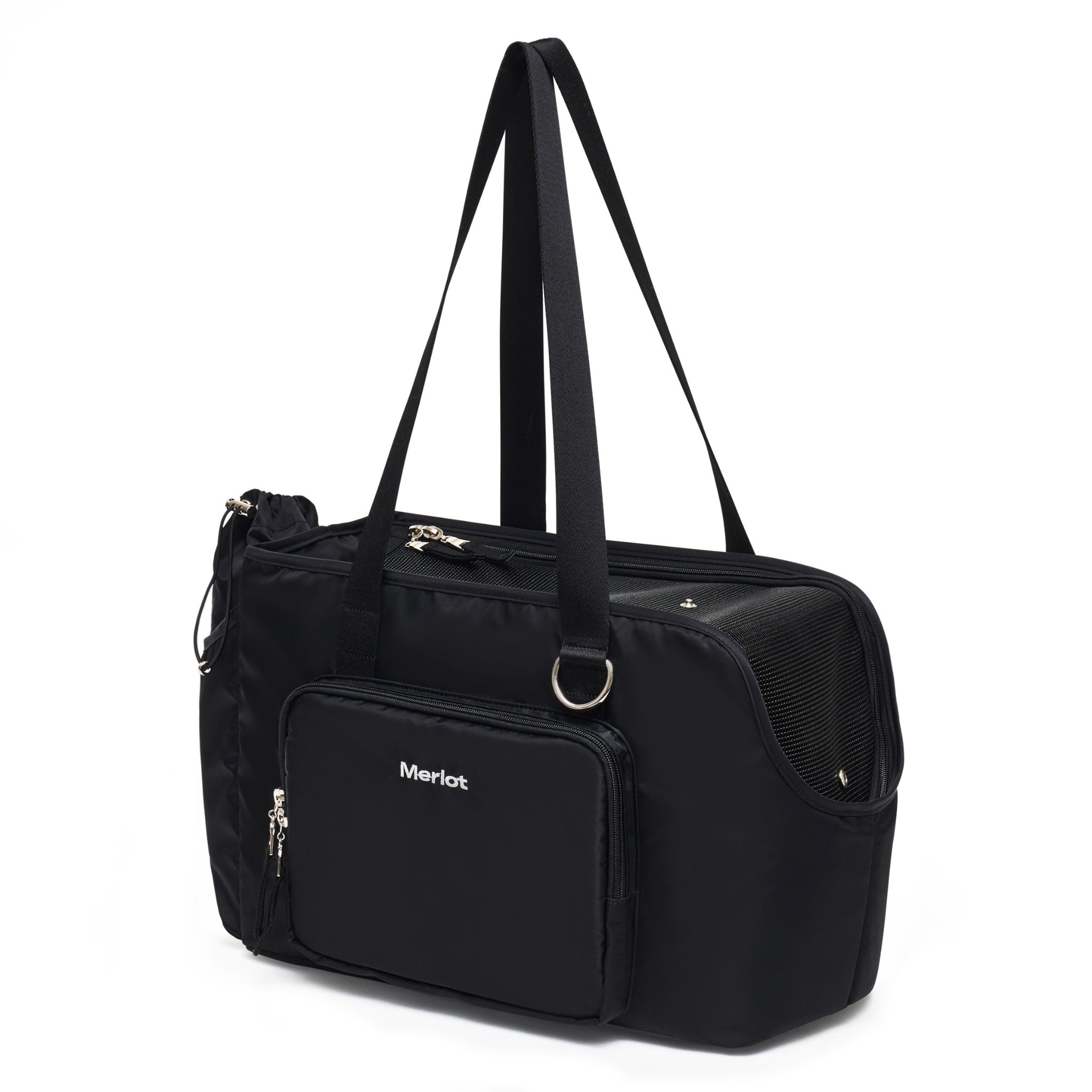 A professional three-quarter studio shot of the black Merlot Mermer pet travel tote bag, displaying the zipped mesh canopy roof ventilation and premium water-resistant fabric construction.
