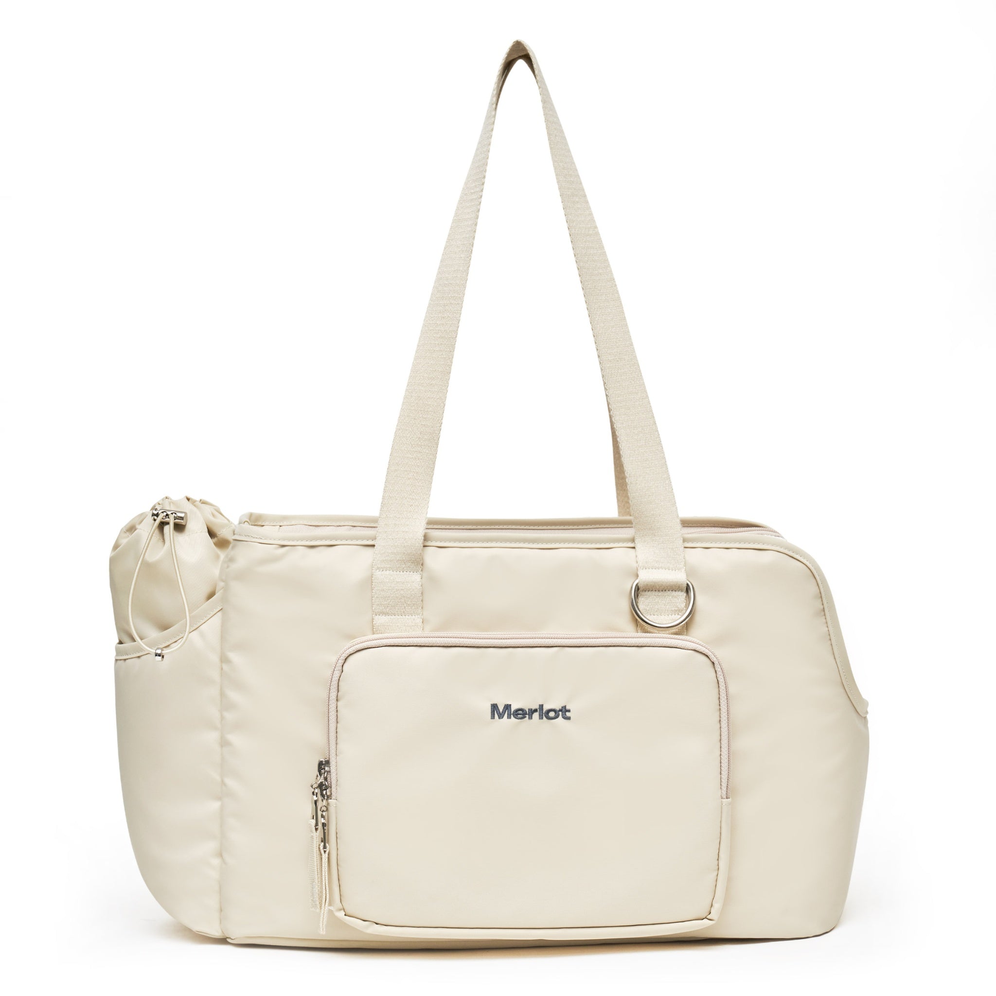 Full direct front view of the empty lemon cream Merlot Mermer pet carrier bag against a white background, highlighting its structured silhouette, zippered front pouch, and top handles.