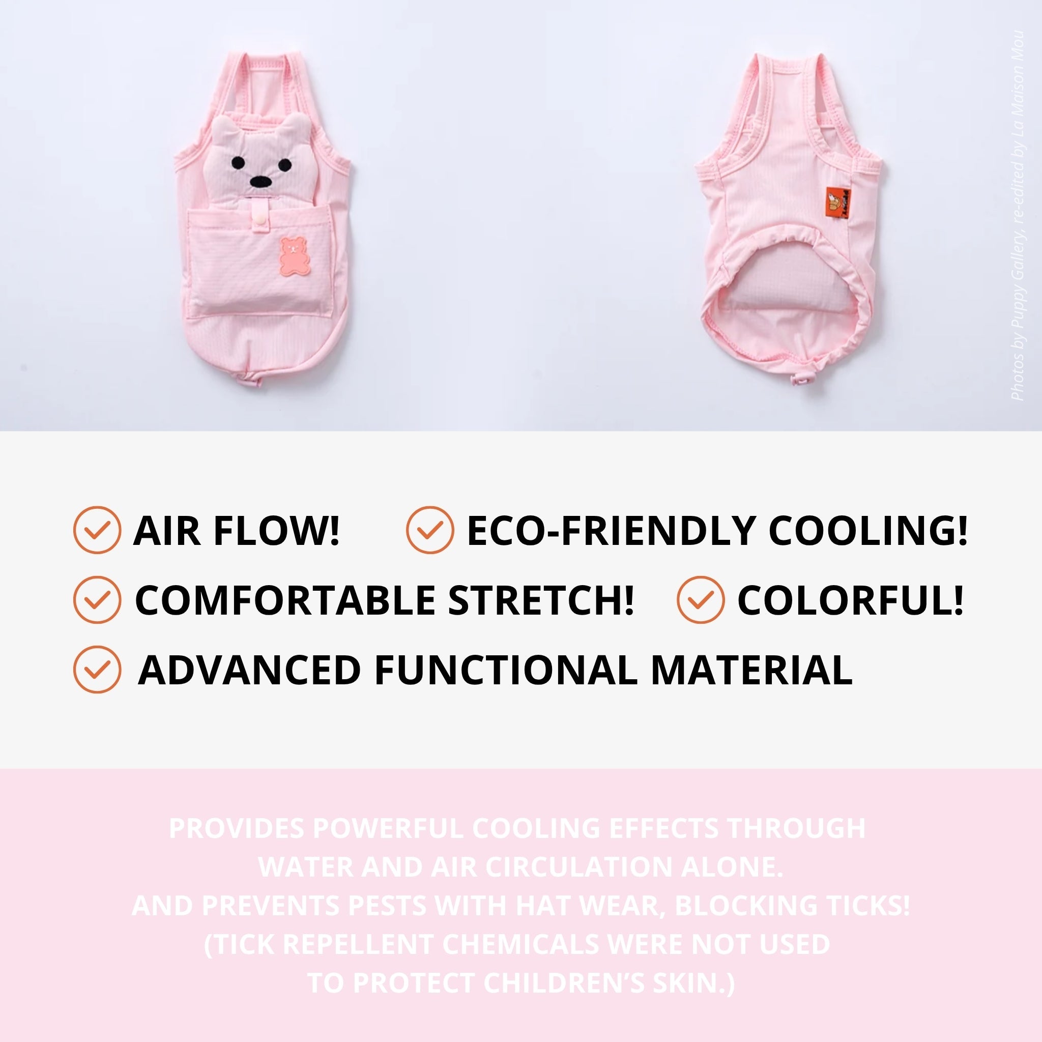 A feature summary layout displaying the front and back views of a pink dog cooling vest, listing benefits such as natural air flow, eco-friendly cooling, and chemical-free tick protection.