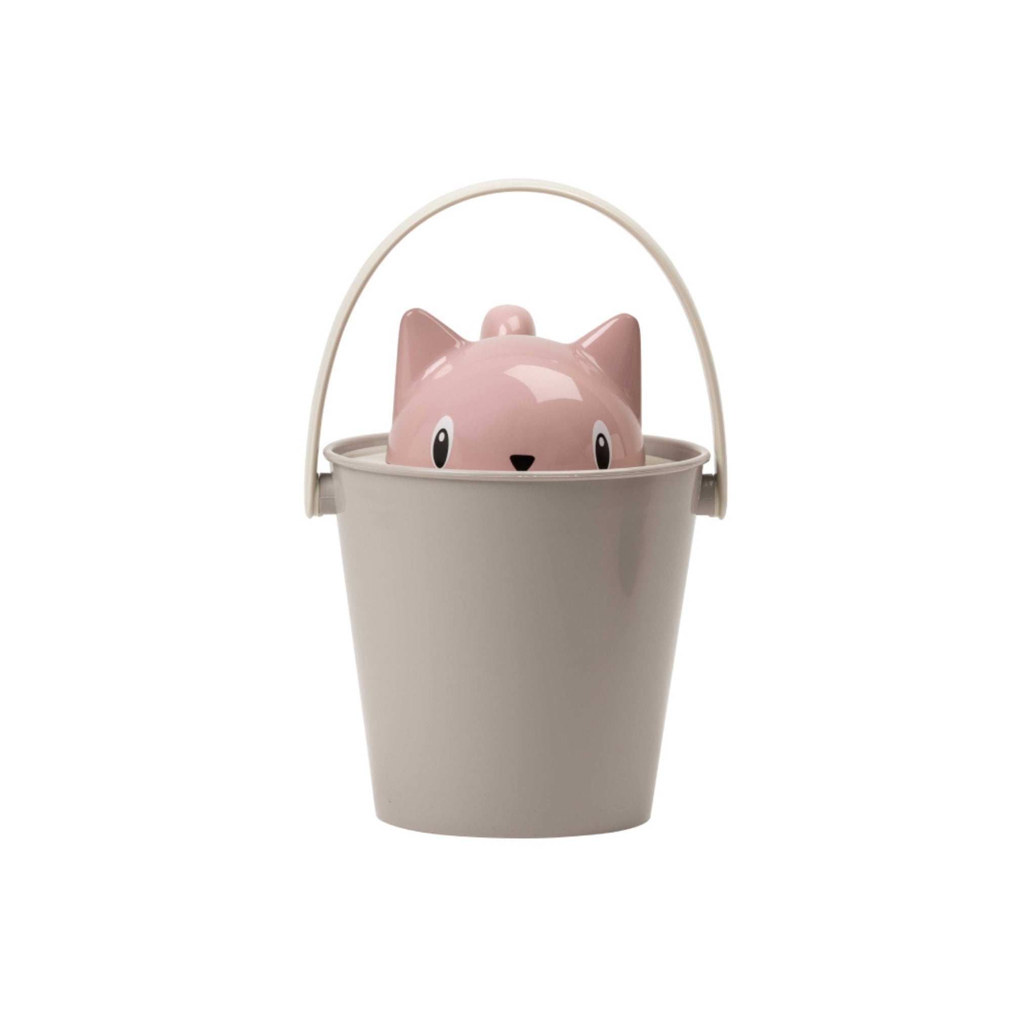 Direct front studio view of the assembled Crick cat dry food container by Puppy Gallery, featuring a taupe grey bucket with an upright handle and a glossy pink cat-shaped lid peeking over the rim.