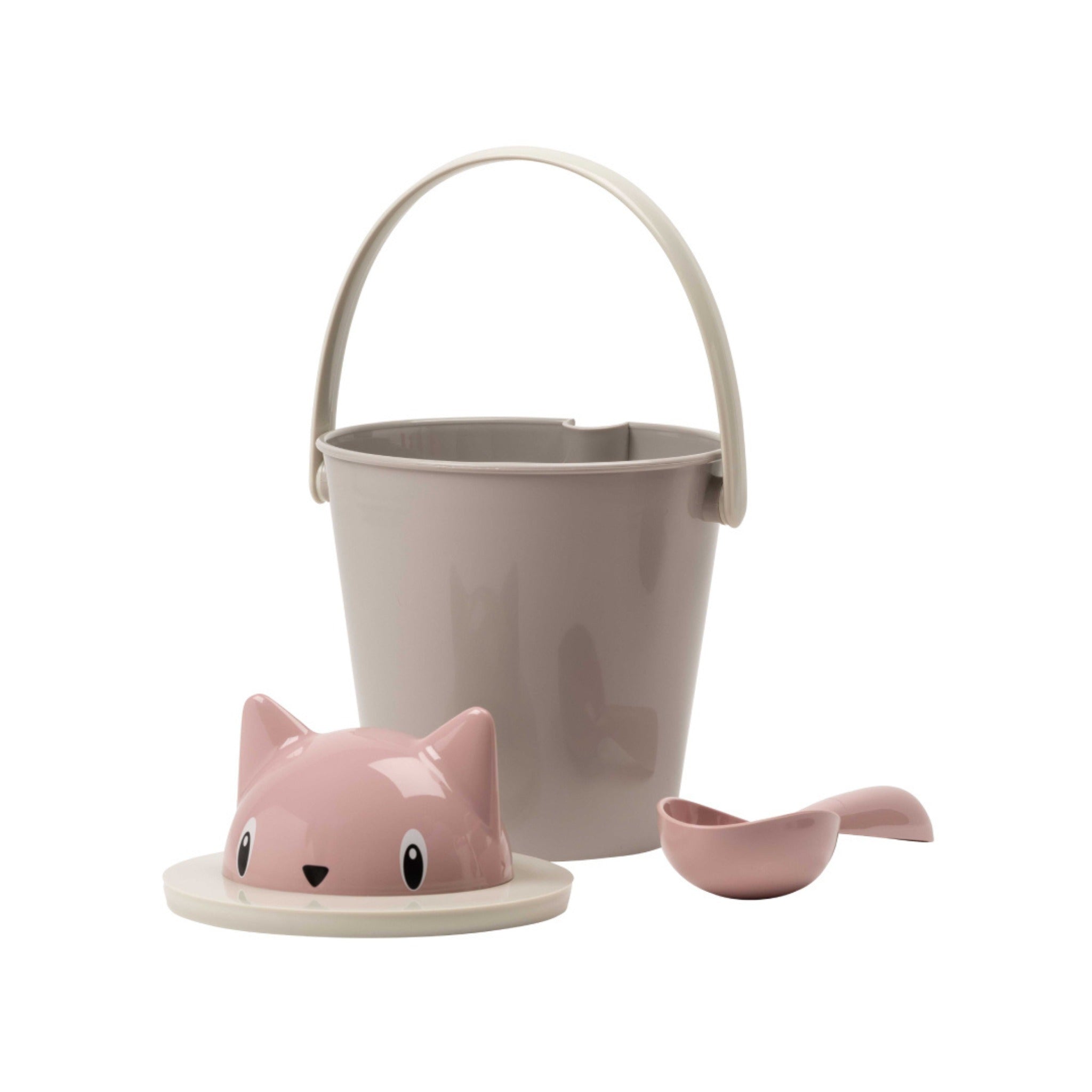 A studio shot of the disassembled Crick cat dry food container set, showcasing the taupe grey storage bucket with an upright handle, a pink cat-shaped head lid, and a matching pink plastic kibble scoop.