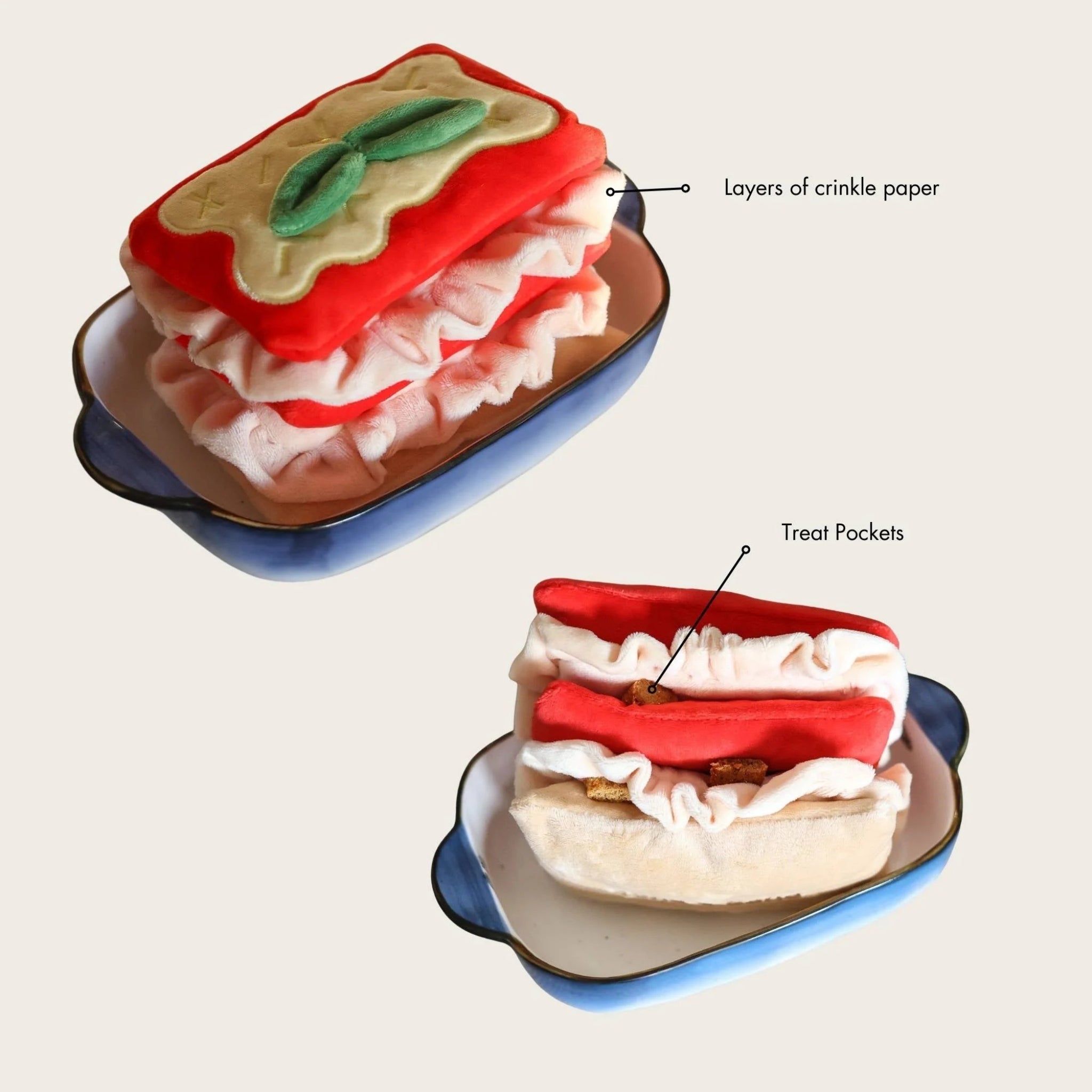 Product diagram of the Lasagna interactive toy showing the multi-layered crinkle paper design on top and the hidden treat pockets inside the fabric folds below.