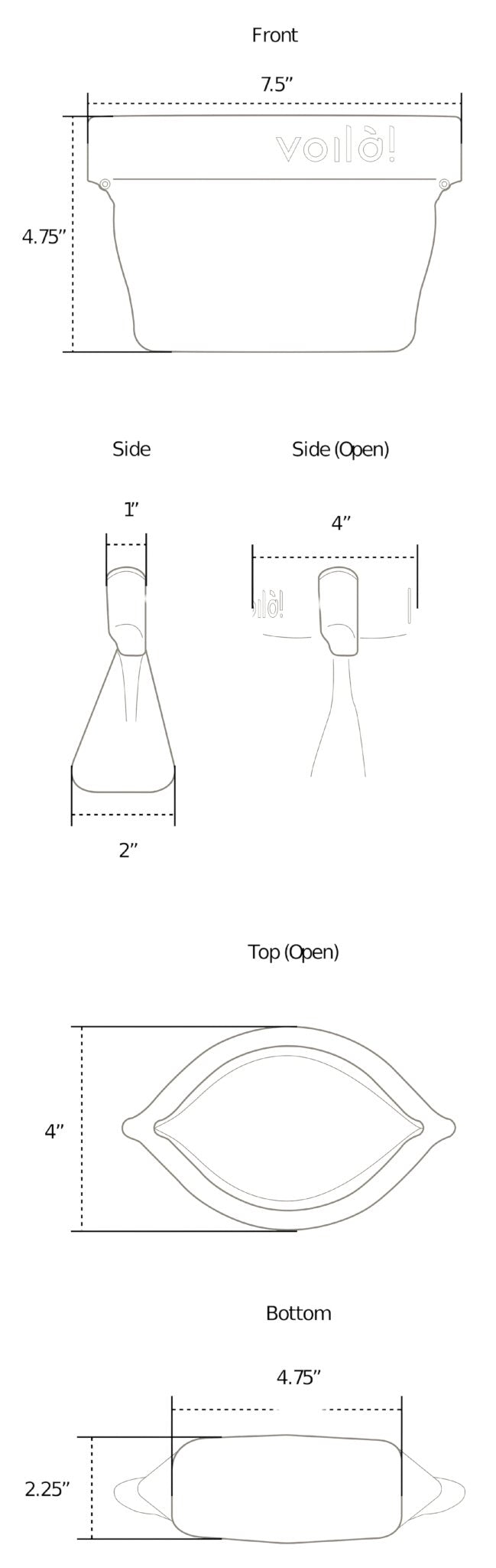 A technical measurement diagram of the voilapets Ultimate Treat Pouch Mini, displaying front, side, and top-down dimensions in inches.