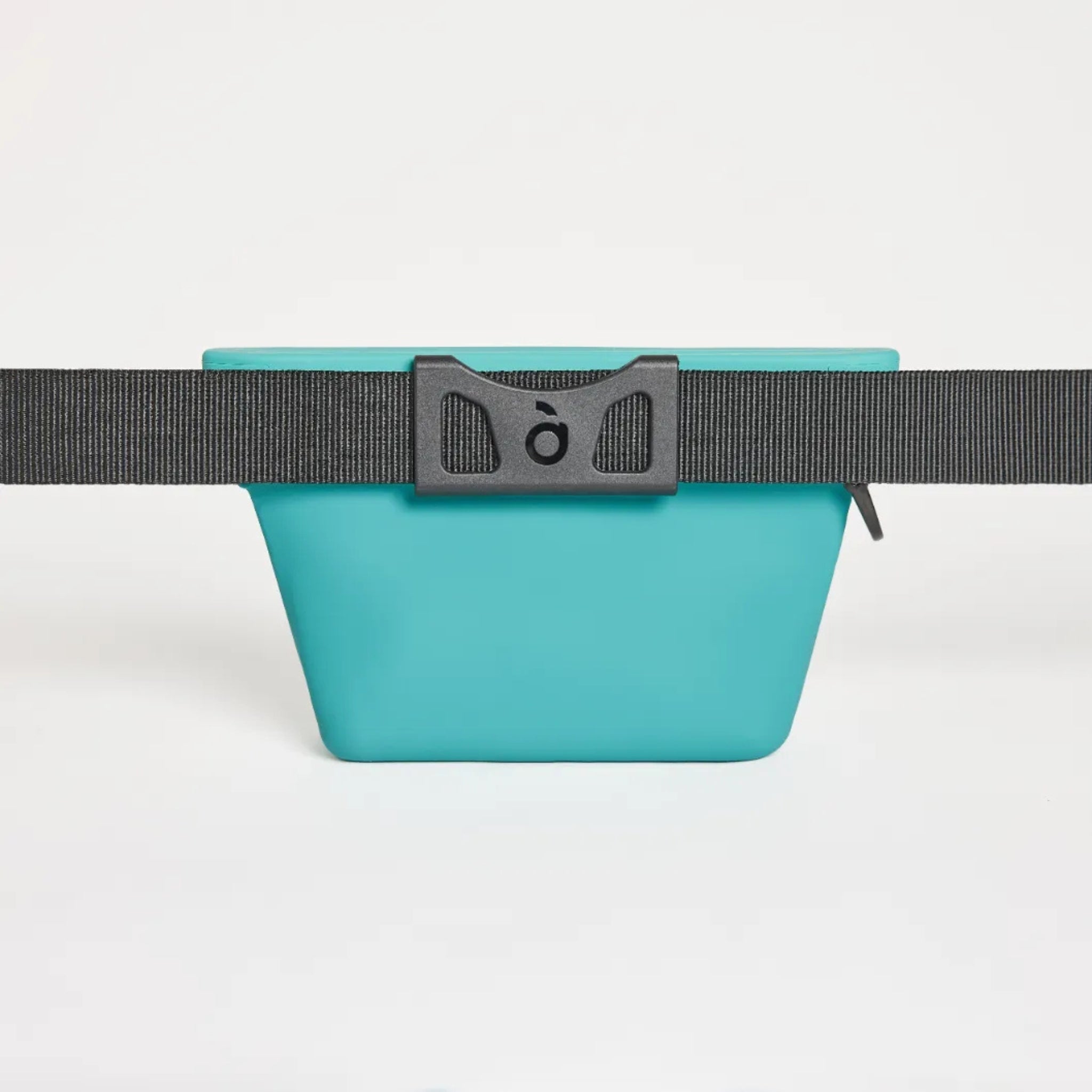 Rear view of the cyan blue Ultimate Treat Pouch The Mini by Voilapets, secured to an adjustable black nylon dog training waist belt.