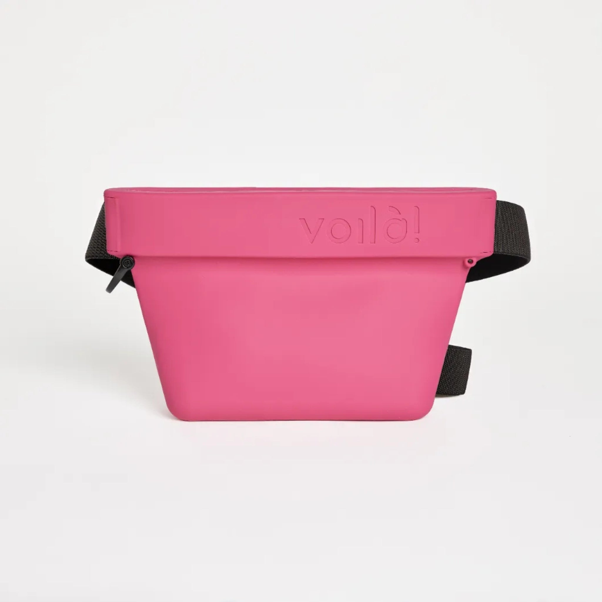 Front view of the fuchsia pink Voilapets Ultimate Treat Pouch The Mini, showcasing the clean silicone design with the embossed brand logo on the upper rim.