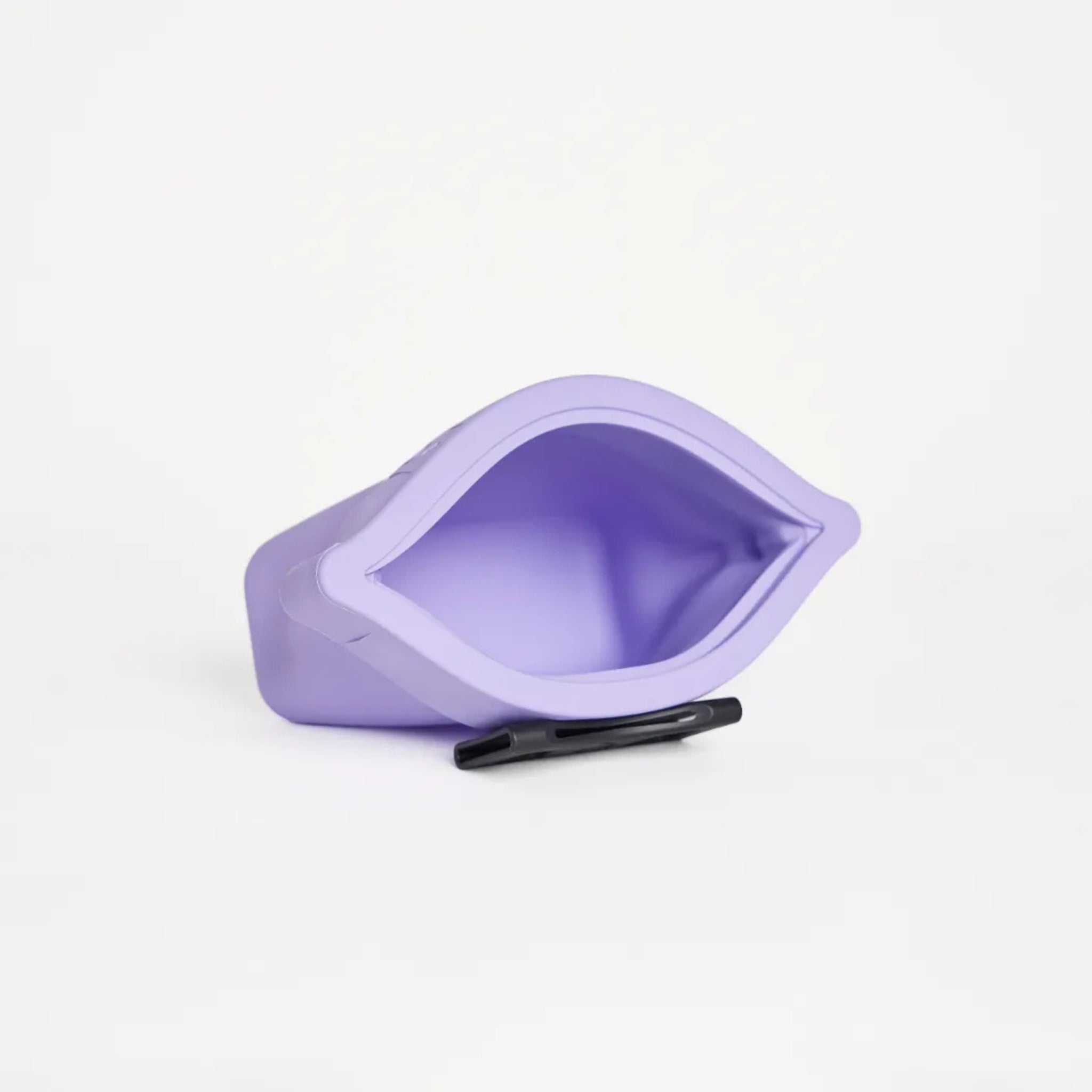 An open lilac purple silicone dog treat pouch, the Ultimate Treat Pouch The Mini by Voilapets, showing its wide mouth opening and black belt clip.