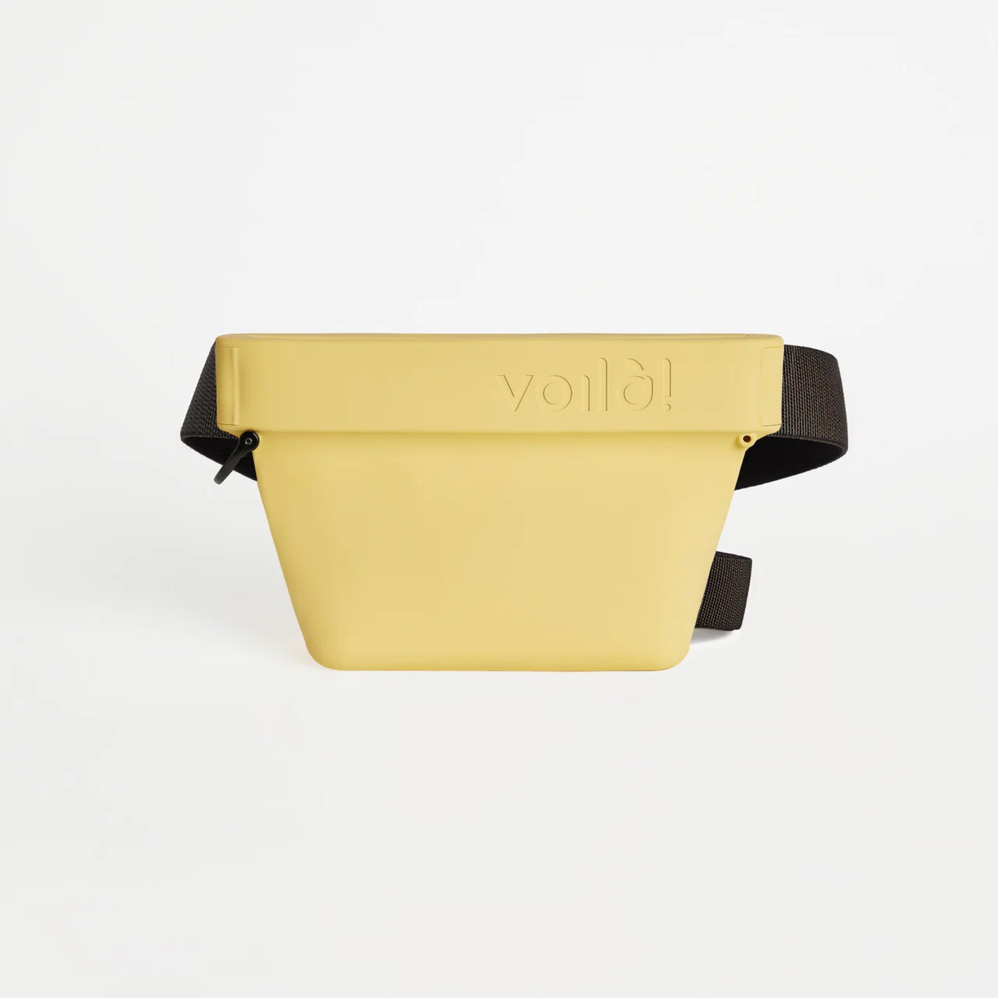 Front view of the sunflower yellow Voilapets Ultimate Treat Pouch The Mini, showcasing the clean design and the embossed brand logo on the upper rim.