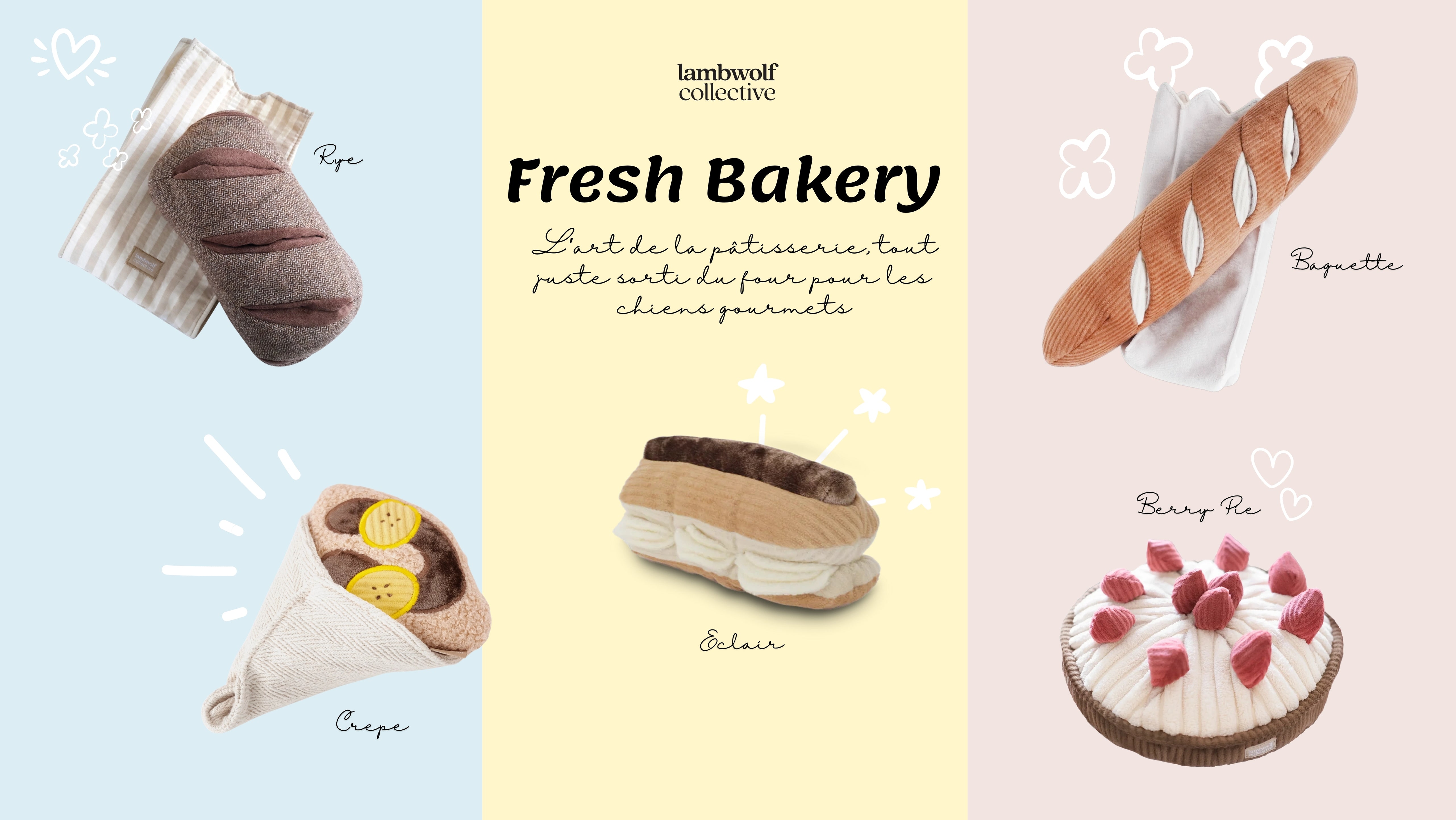 Illustrations of various bread and pastries with 'Lamb Wolff Collective Fresh Bakery' text on a pastel background.