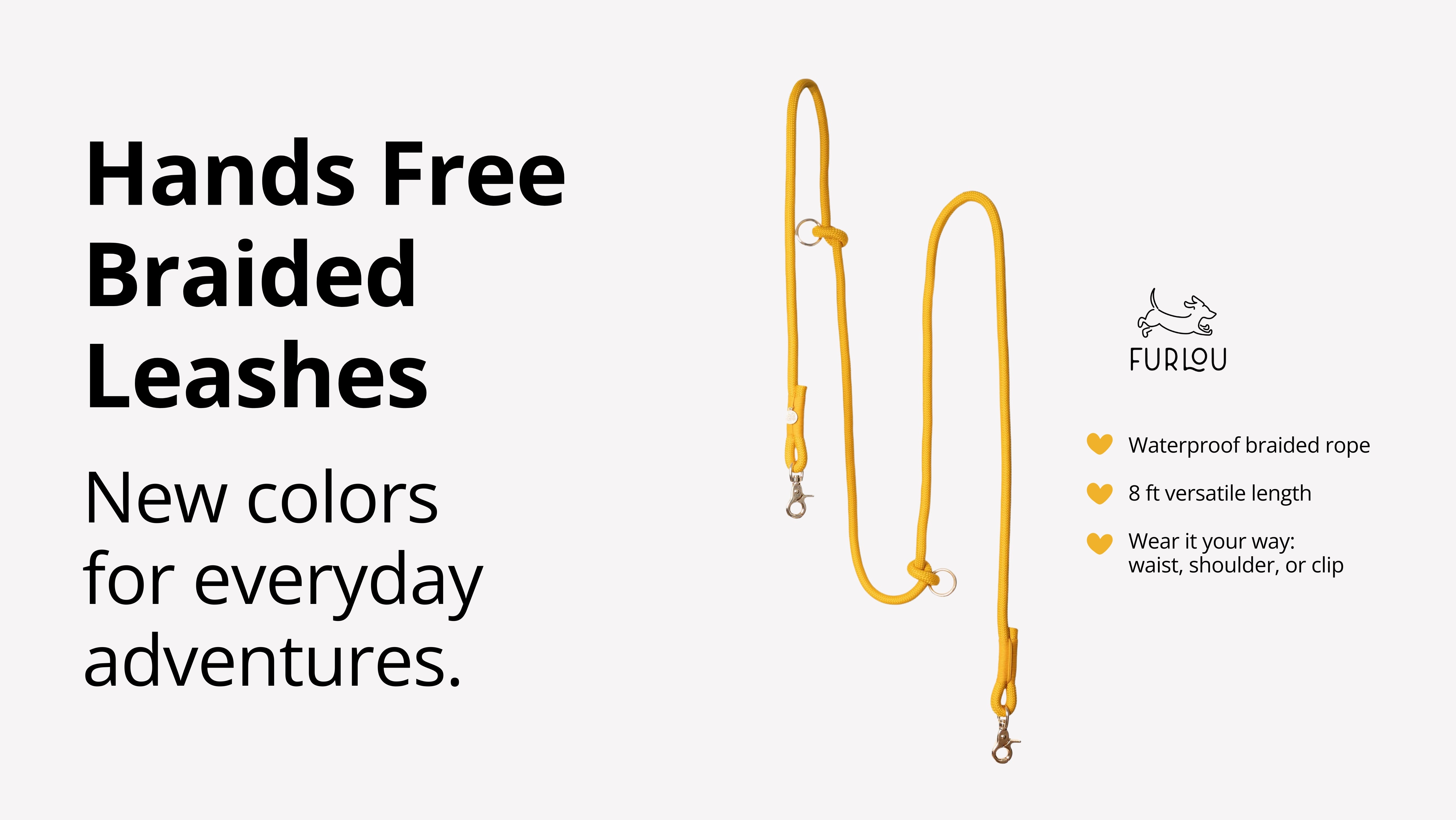 Yellow braided leash with text on a white background