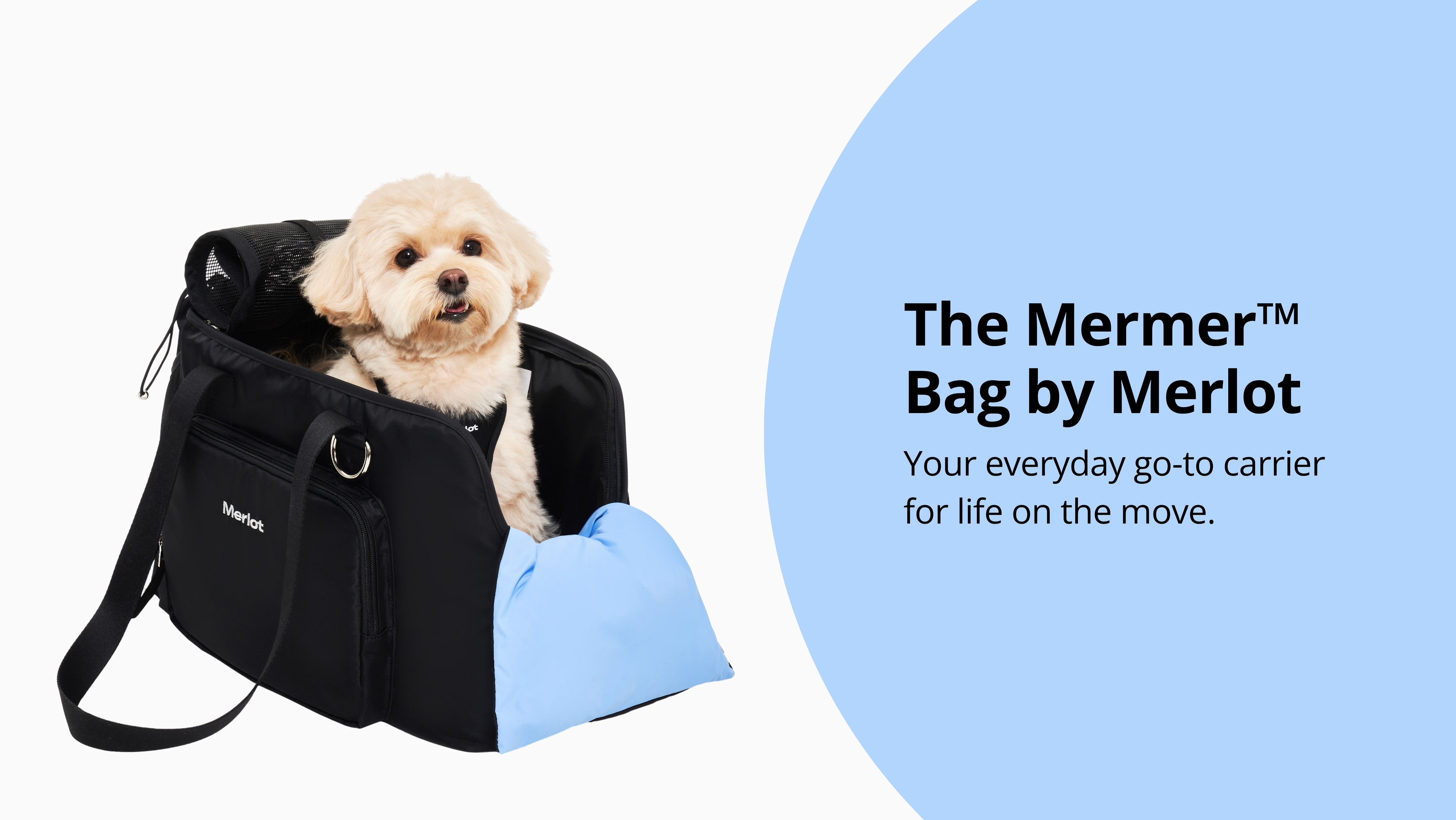 Black pet carrier with a dog inside, branded 'Merlot', on a light gray background.
