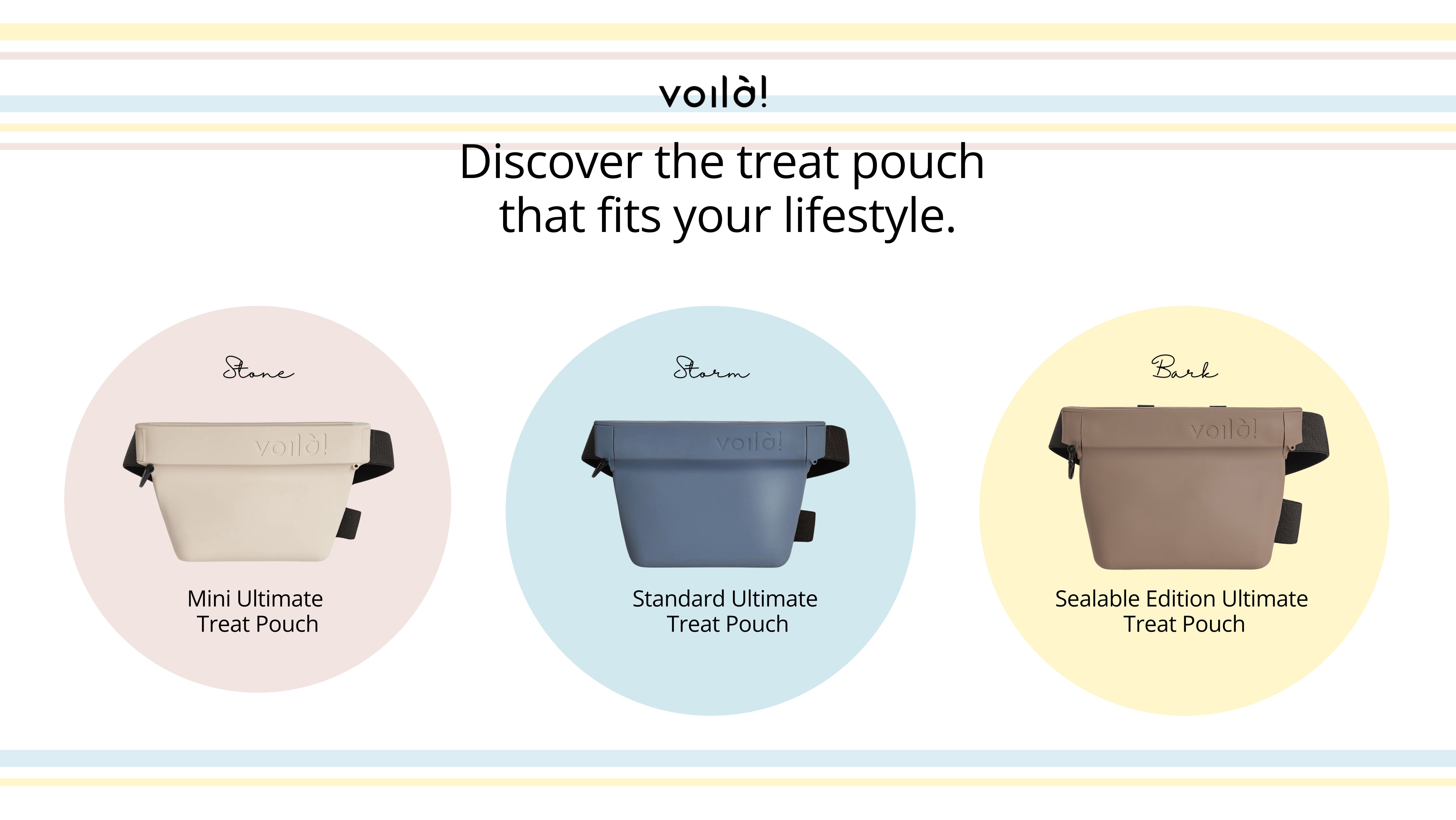 Three treat pouches with labels for different styles on a white background.