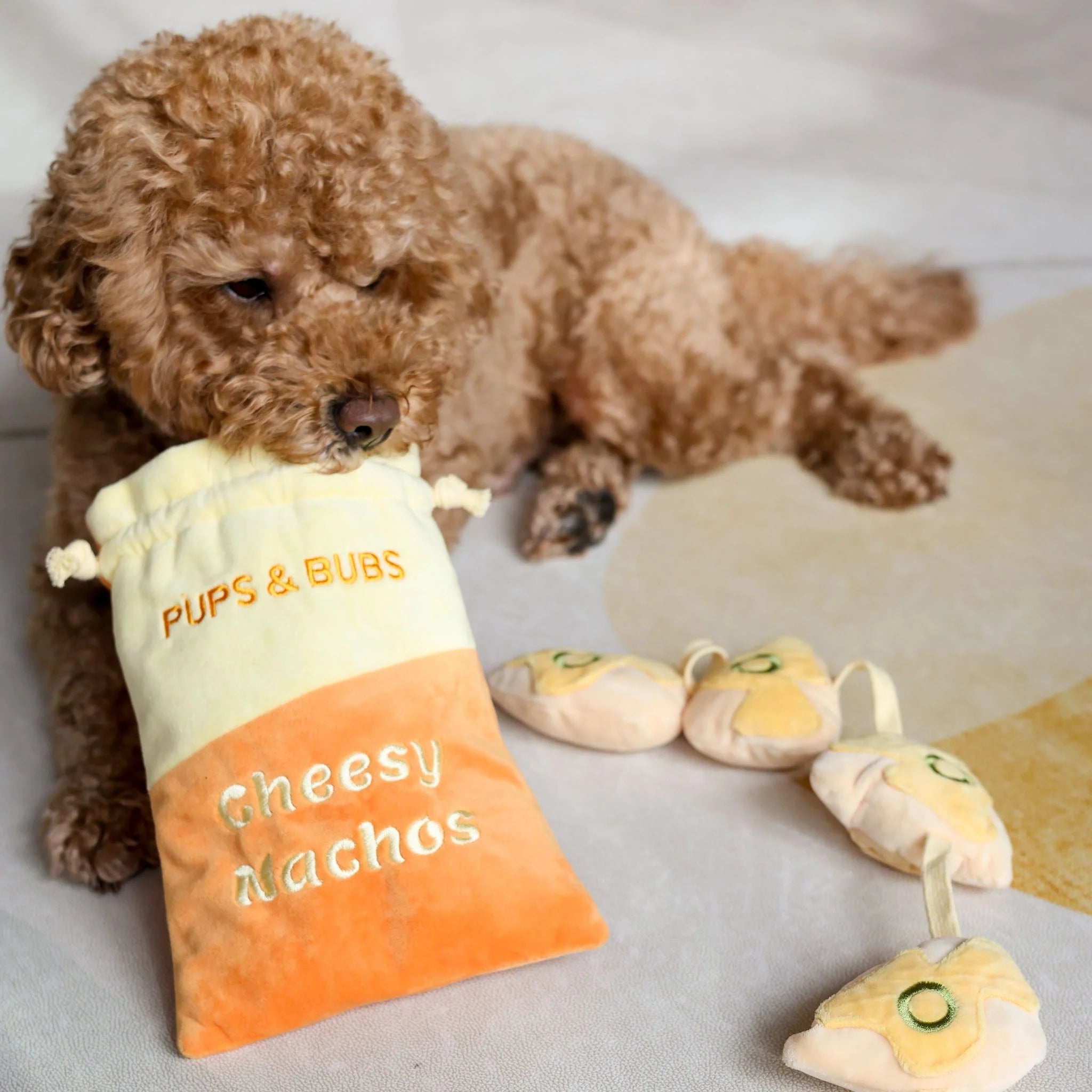 A fluffy brown dog playing with the Cheesy Nachos interactive nosework puzzle toy and its detachable crinkly chips.