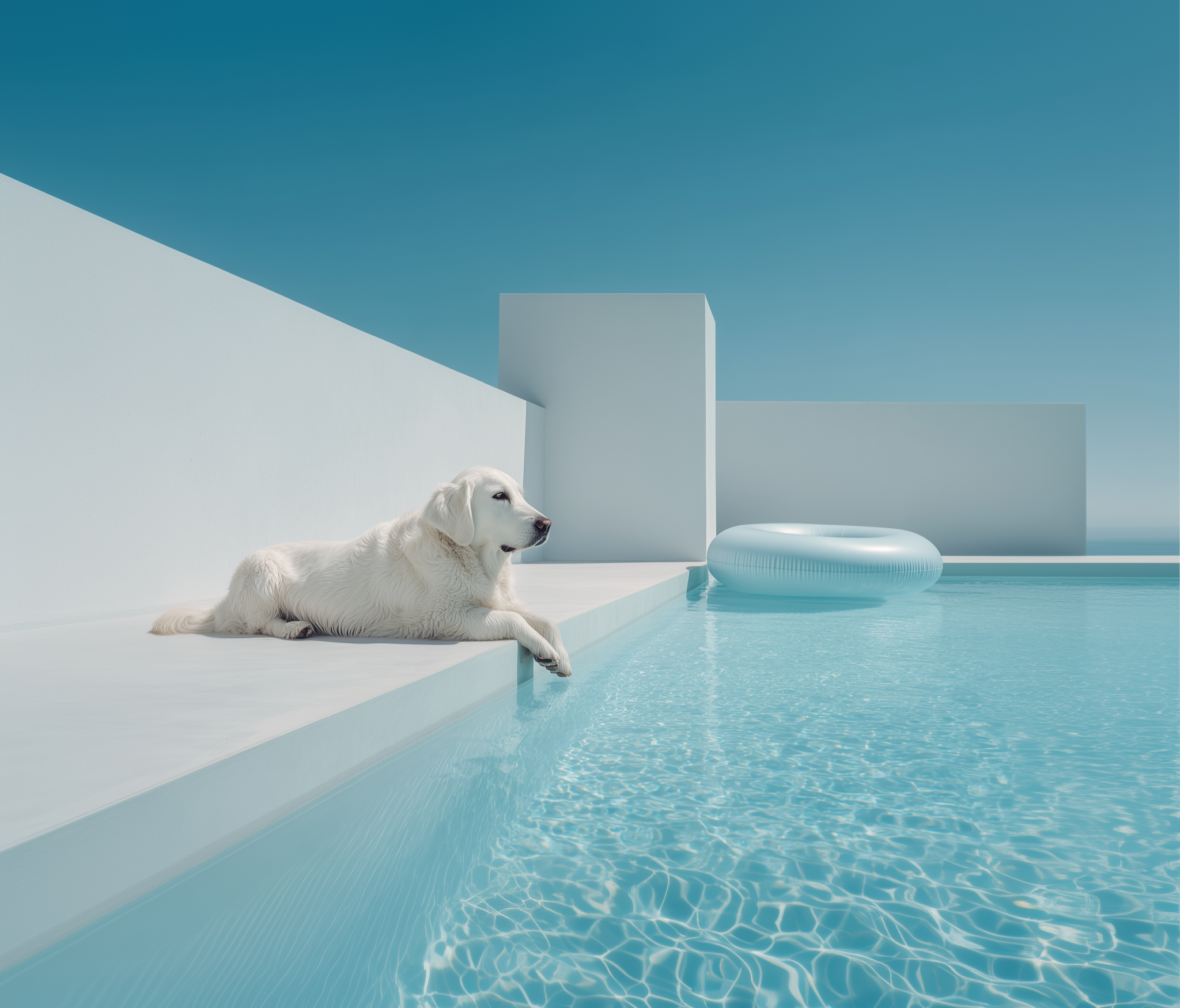 White dog lying by a pool with a minimalistic background