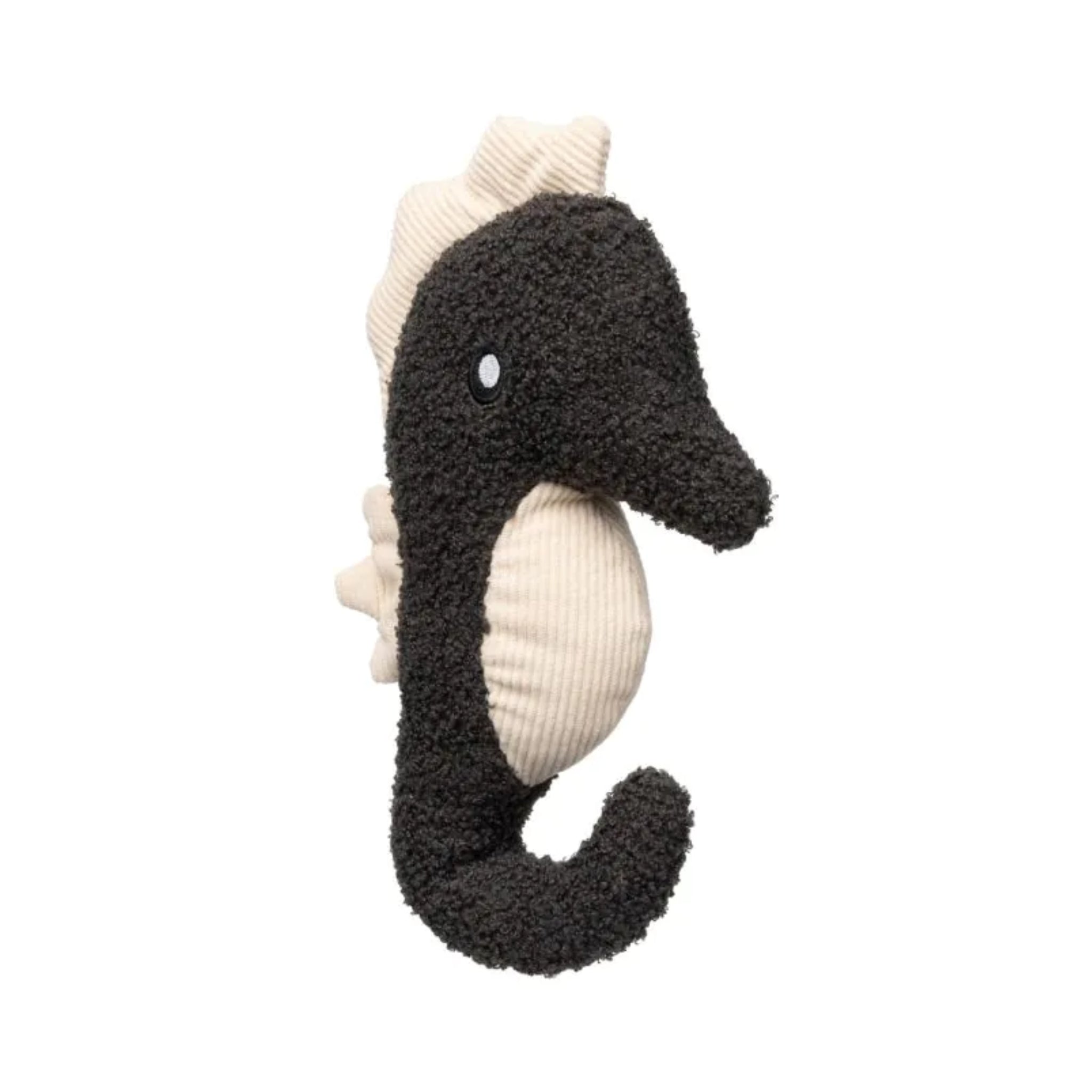 An isolated studio shot of the FuzzYard Life Slate Grey Seahorse plush dog toy on a clean white background, showcasing its curved tail design, premium multi-texture boucle fabric, and soft cream corduroy accents.