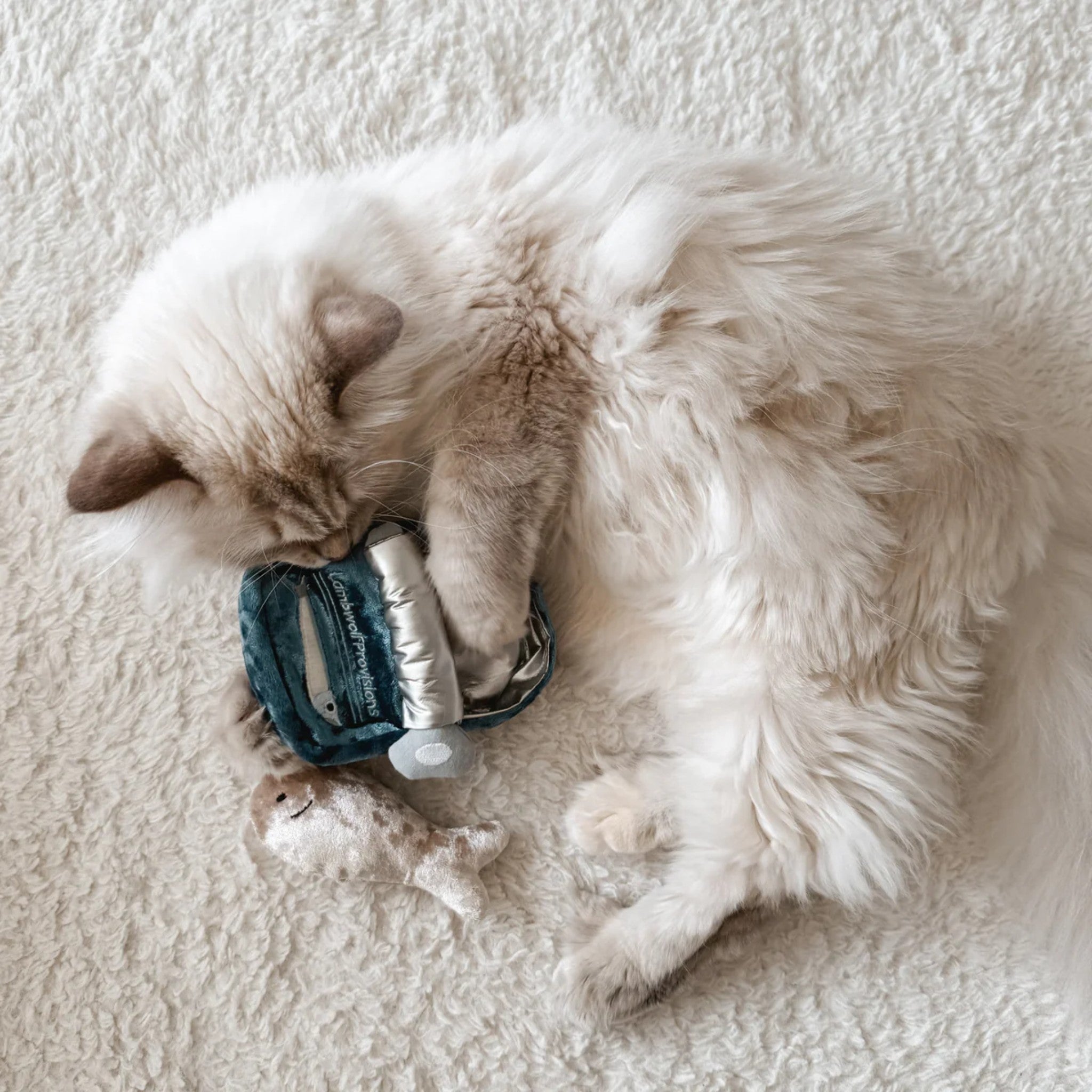 A fluffy long-haired cat lying on a white textured rug, happily hugging and biting the blue plush crinkle sardine can toy.