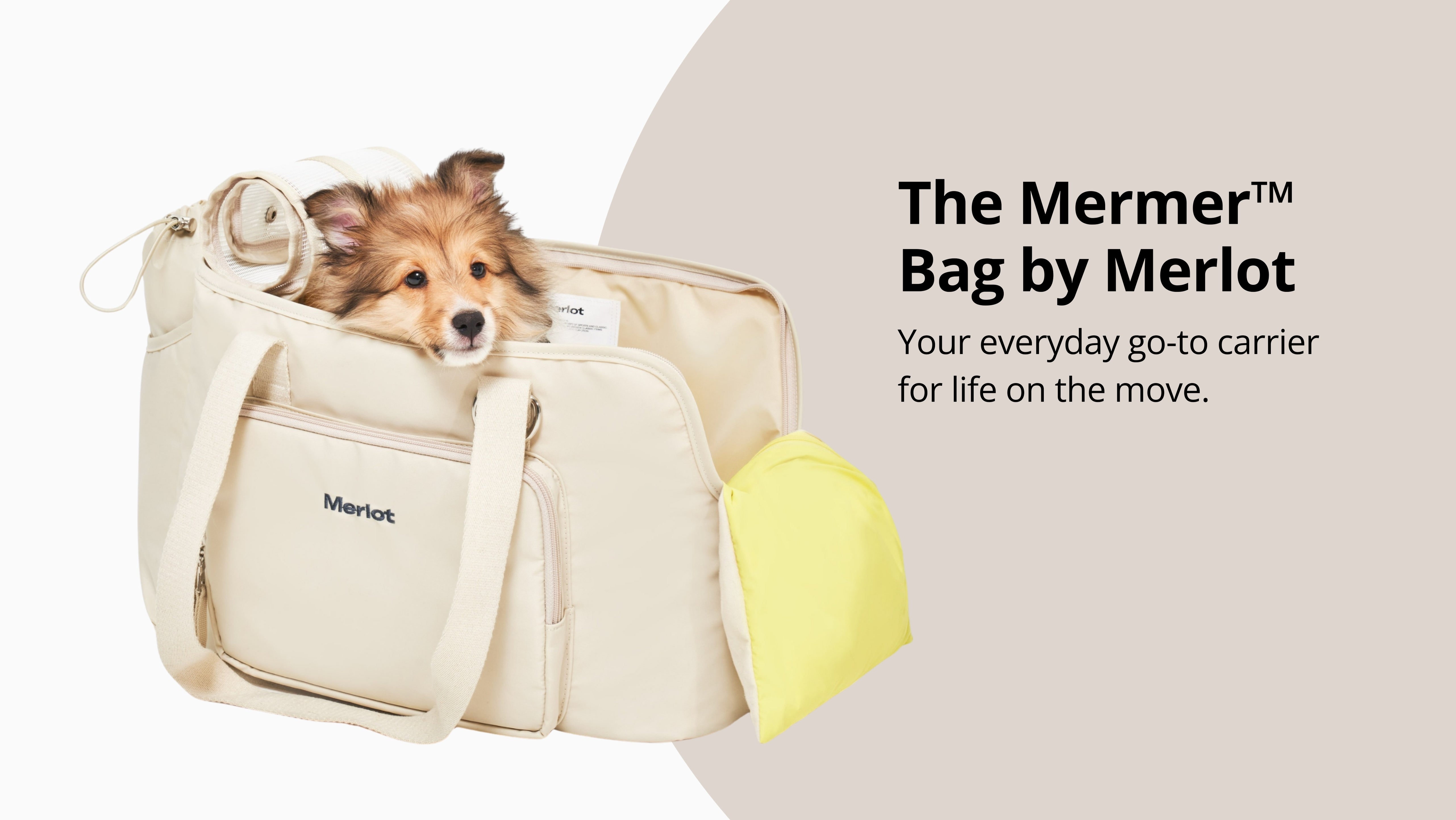 Merlot Mermer Bag in beige with small dog inside premium everyday dog carrier lifestyle banner