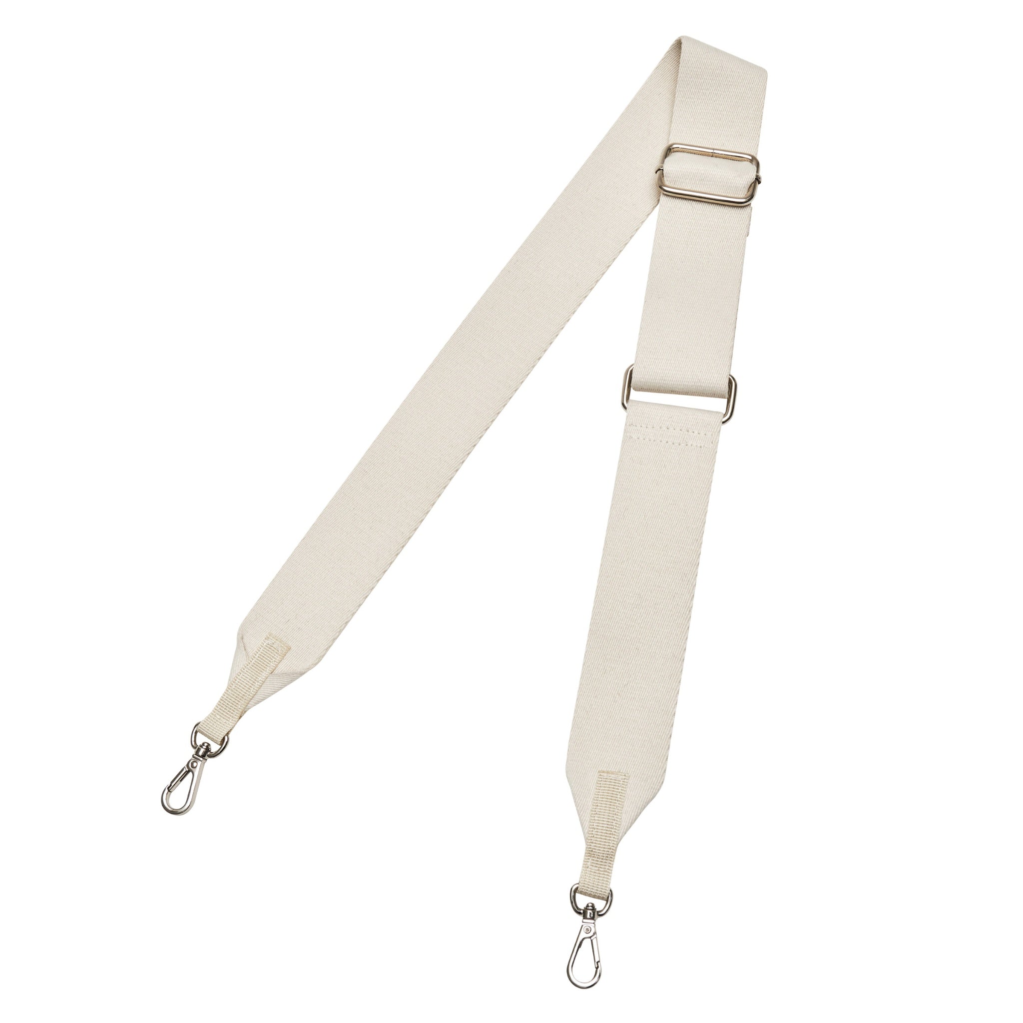 A flat lay product shot of the adjustable wide cream crossbody shoulder strap for the Merlot Mermer dog carrier bag, complete with premium silver metal lobster swivel clasps.