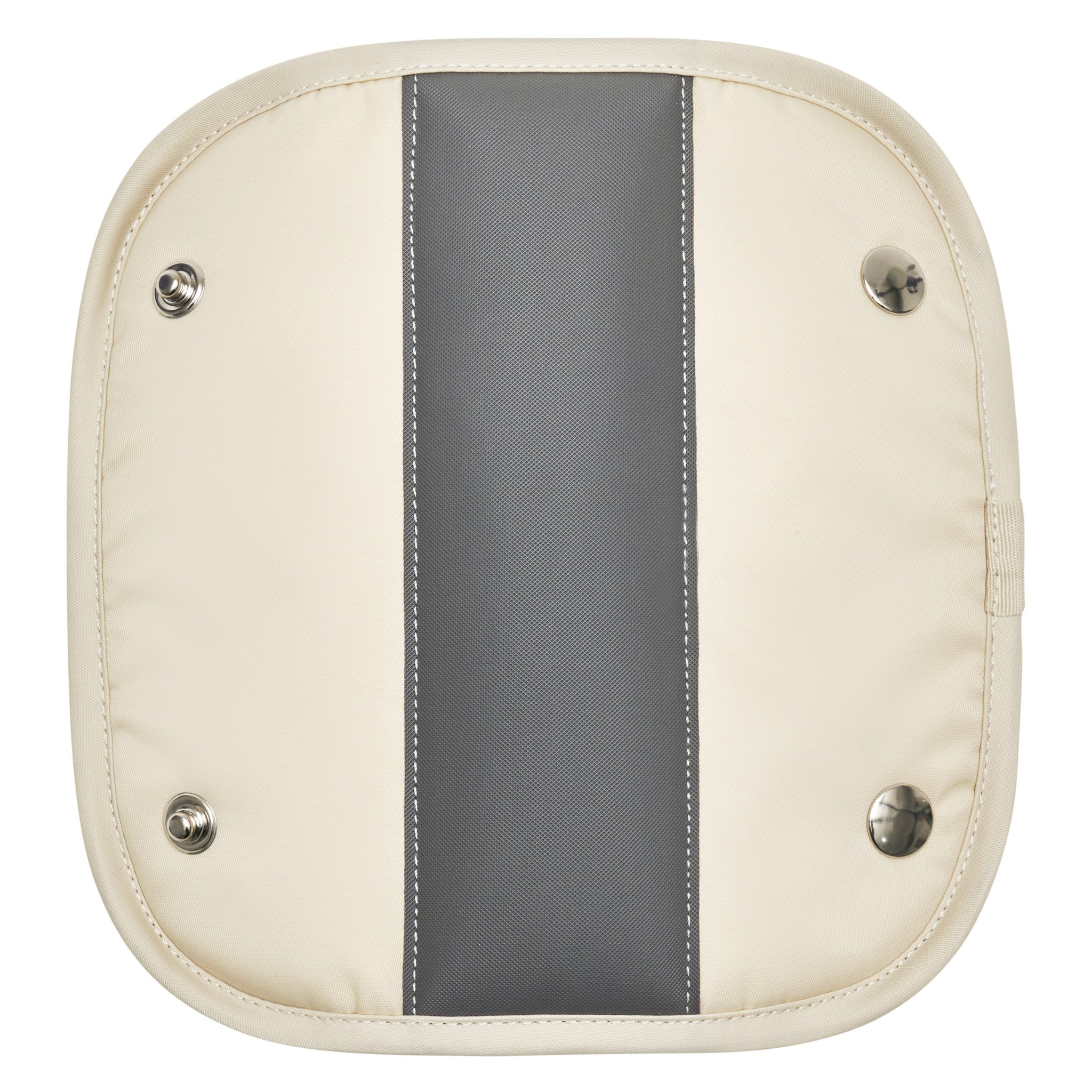 A flat overhead studio view of the detachable cream padded shoulder piece for the Merlot Mermer cross strap, highlighting its dark grey center grip panel and four secure silver snap buttons.
