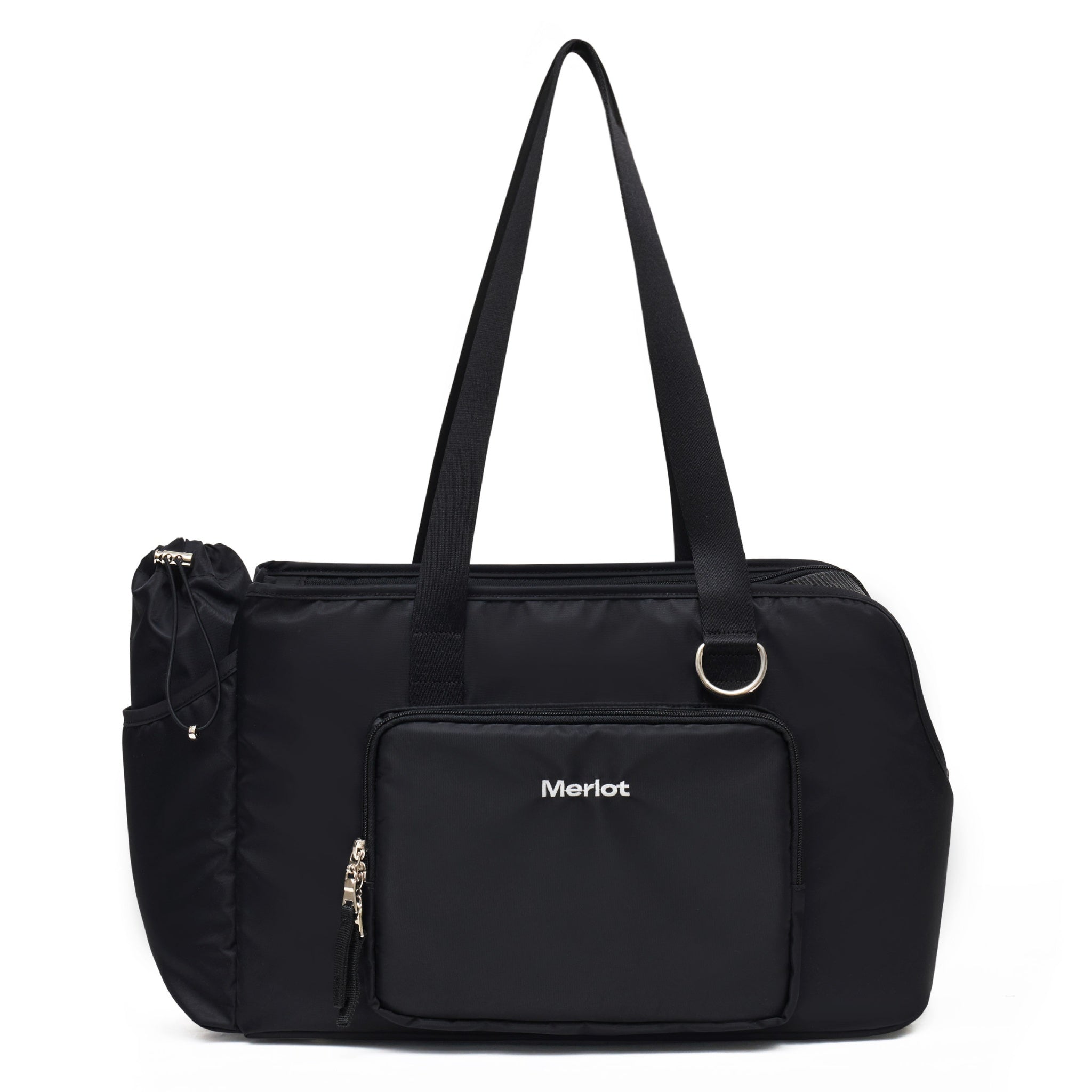 Full front view of the black structured Merlot Mermer dog carrier travel bag featuring long top shoulder straps, a heavy-duty silver D-ring, a side bottle pouch, and a front zippered pocket with white embroidered Merlot branding.