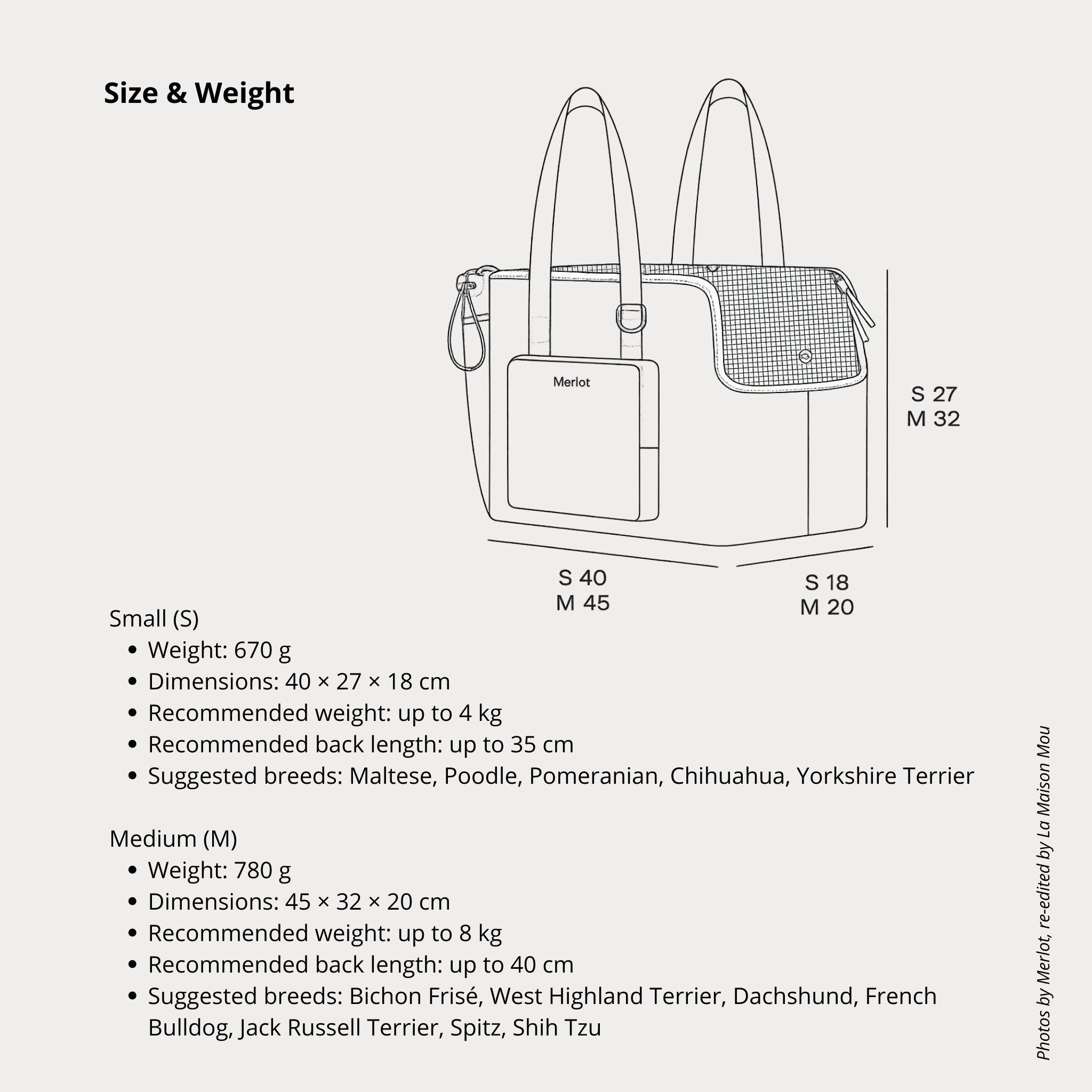 A detailed size specification infographic for the Merlot Mermer pet carrier bag, featuring a technical line drawing with exact height, width, and depth measurements for sizes Small and Medium.