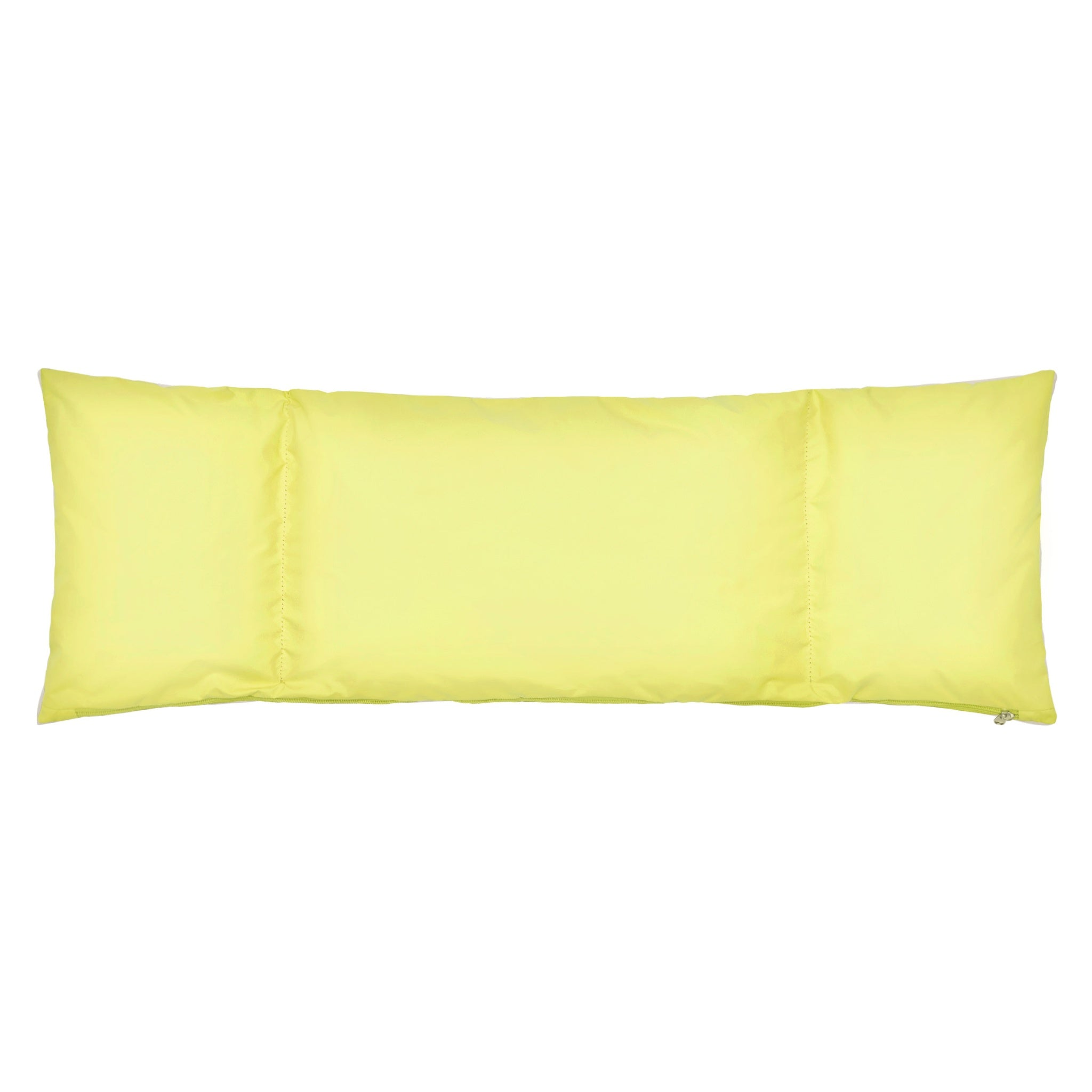An overhead flat layout of the vibrant lemon yellow reversible side of the triple-paneled Merlot Mermer pet carrier insert cushion, showing its protective fabric lining.