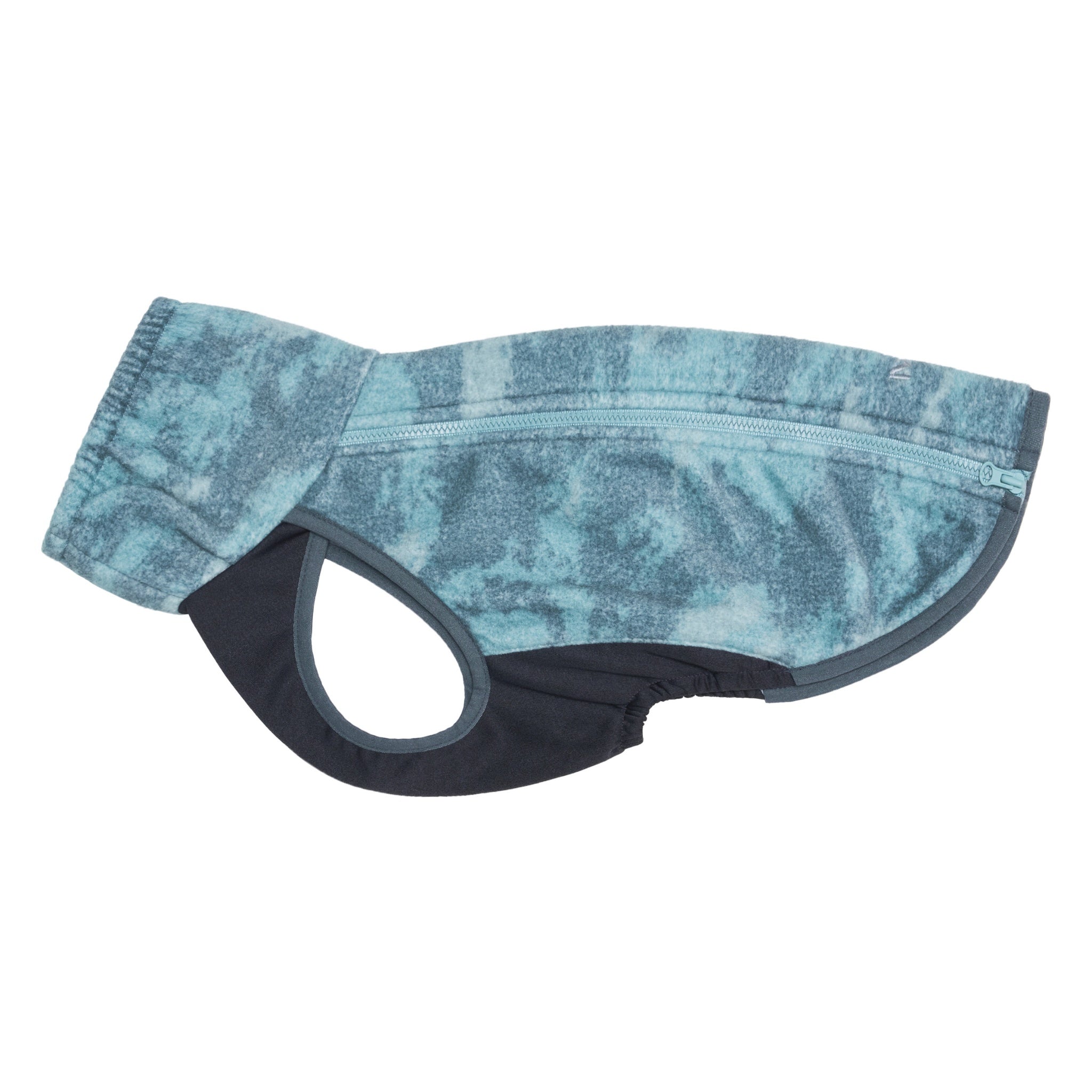 A studio product flat lay of the forest green Merlot Shelter dog jacket against a solid white background, displaying its high protective cowl neck collar and contrasting charcoal stretch underbelly panel.