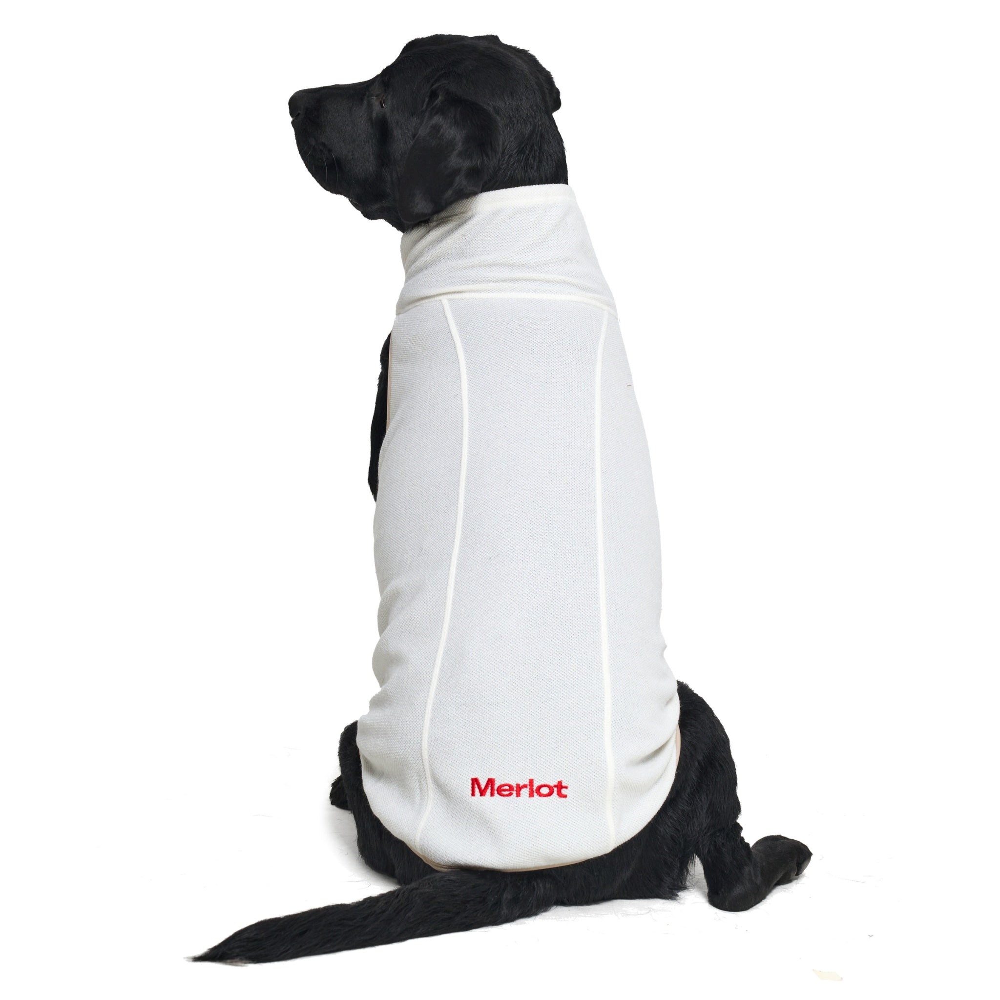 A direct back view of a sitting black dog showing the centered panel alignment, high-neck coverage, and red embroidered Merlot brand name on the lower hem of the ivory coat.