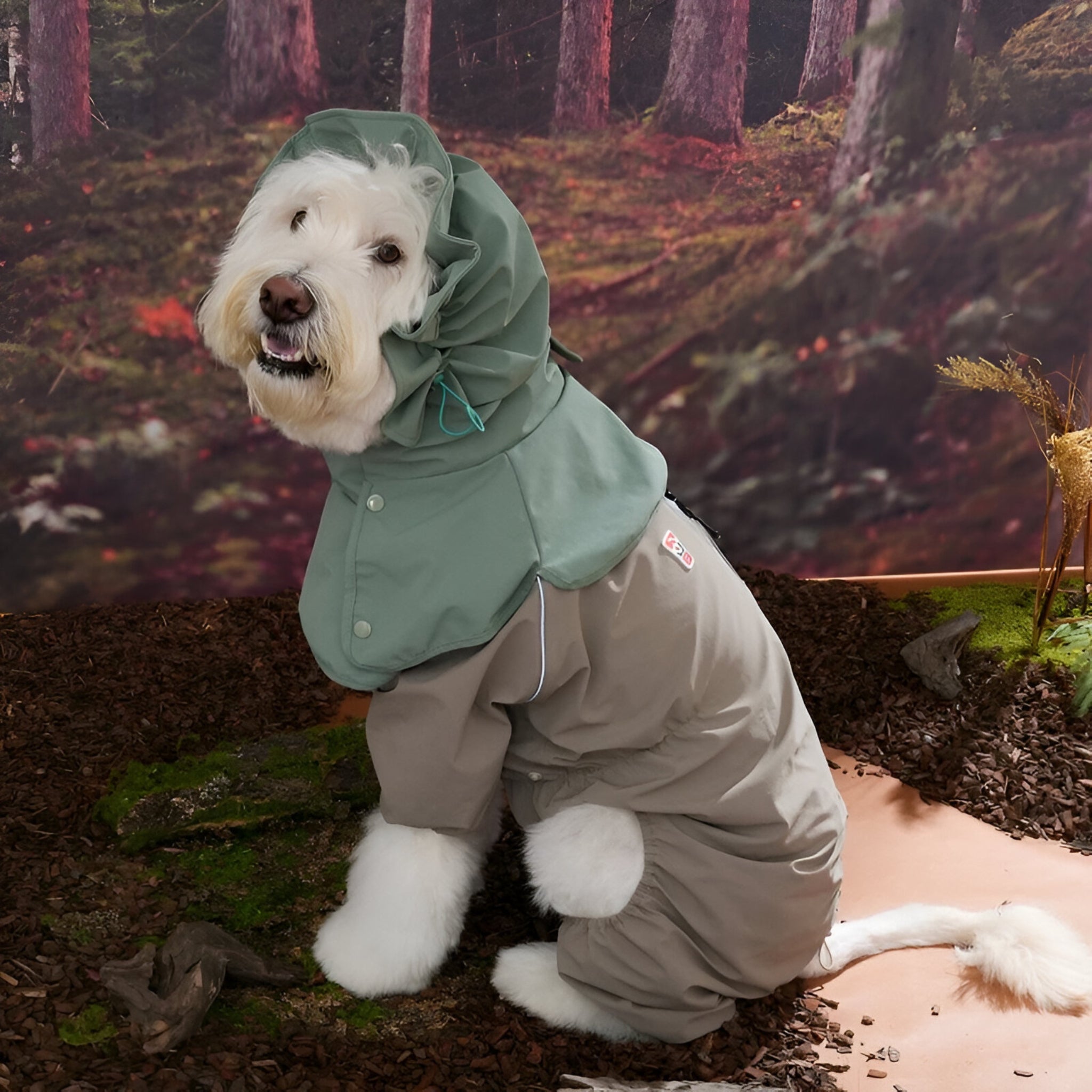 A fluffy white dog sitting in a studio forest setting, wearing the khaki green Puppy Gallery GO Pro Weather Snood with a matching taupe full-body canine rainsuit.