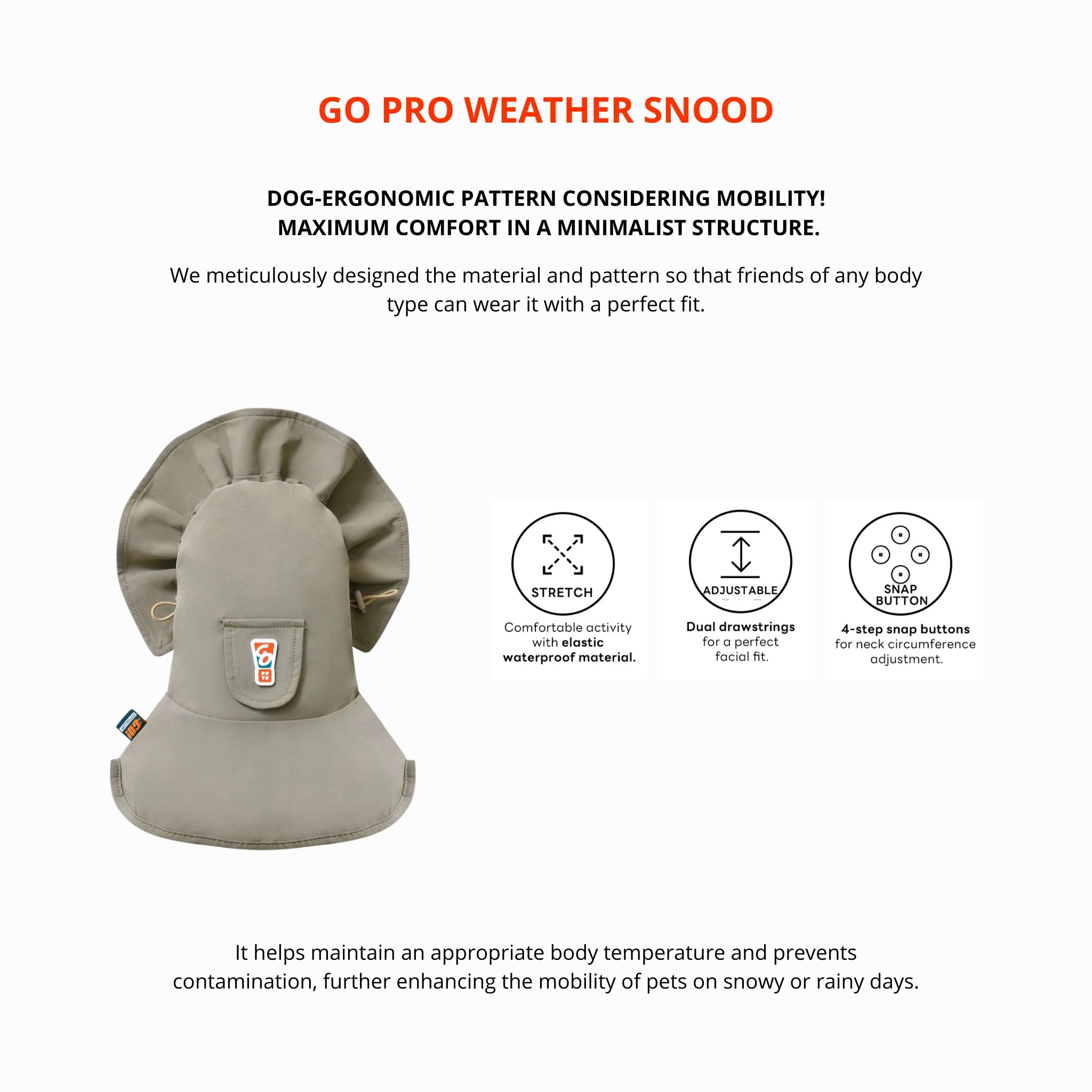 A product design overview of the Puppy Gallery GO Pro Weather Snood with icons highlighting its elastic stretch fabric, dual adjustment drawstrings, and 4-step snap buttons for an optimized fit.