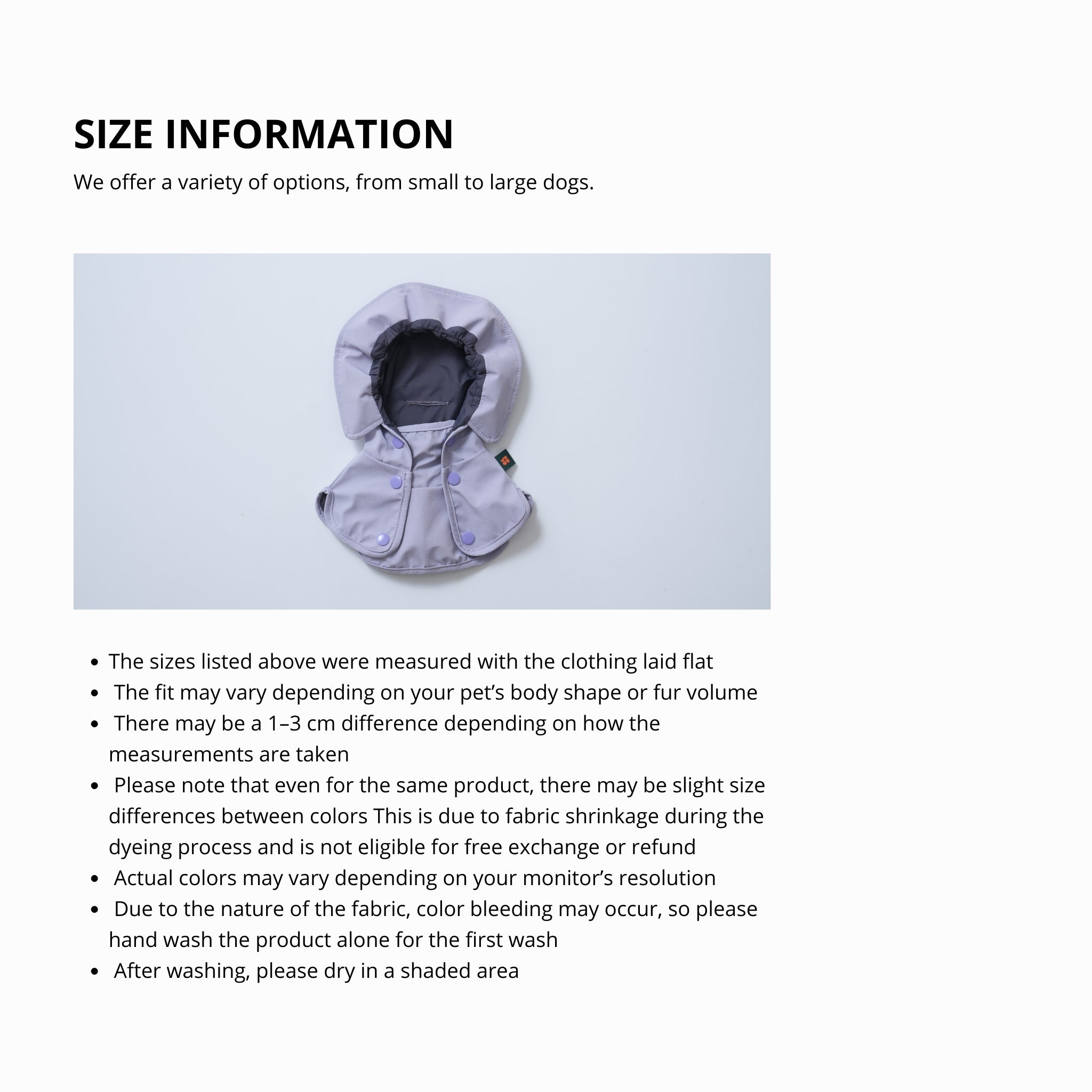 Product info graphic featuring a standalone front flat-lay view of the lavender Puppy Gallery GO Pro Weather Snood alongside fabric care notes and hand-washing guidelines.