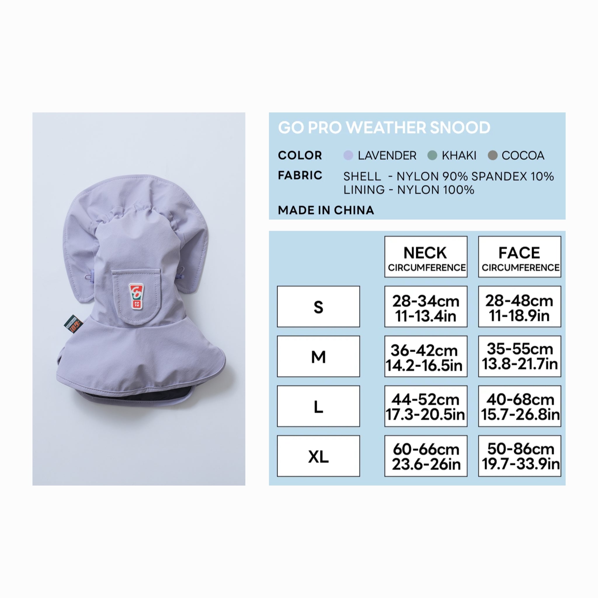 Official measurement chart for the Puppy Gallery GO Pro Weather Snood, listing face and neck circumferences in centimeters and inches across sizes Small, Medium, Large, and Extra Large.