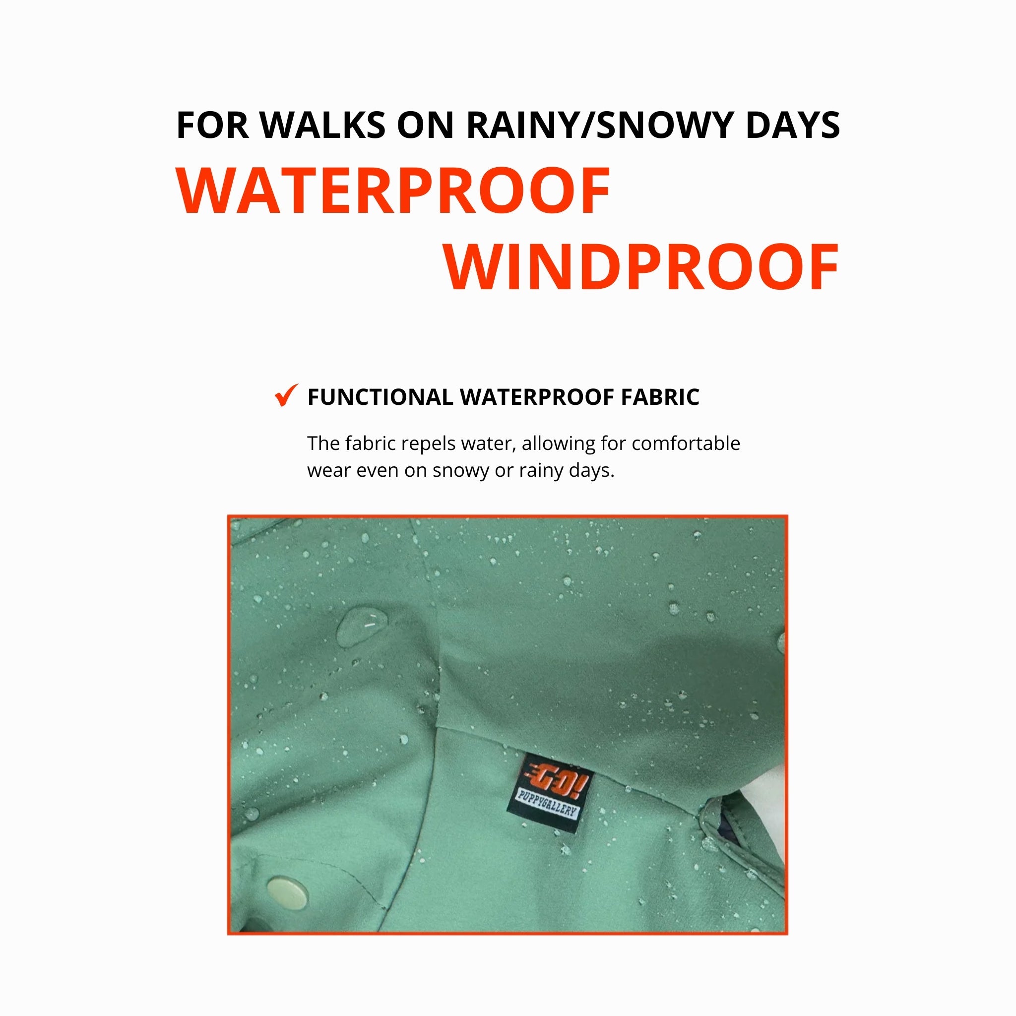 A high-performance fabric showcase with water droplets cleanly beading on the surface of the green windproof and waterproof protective dog hood fabric.