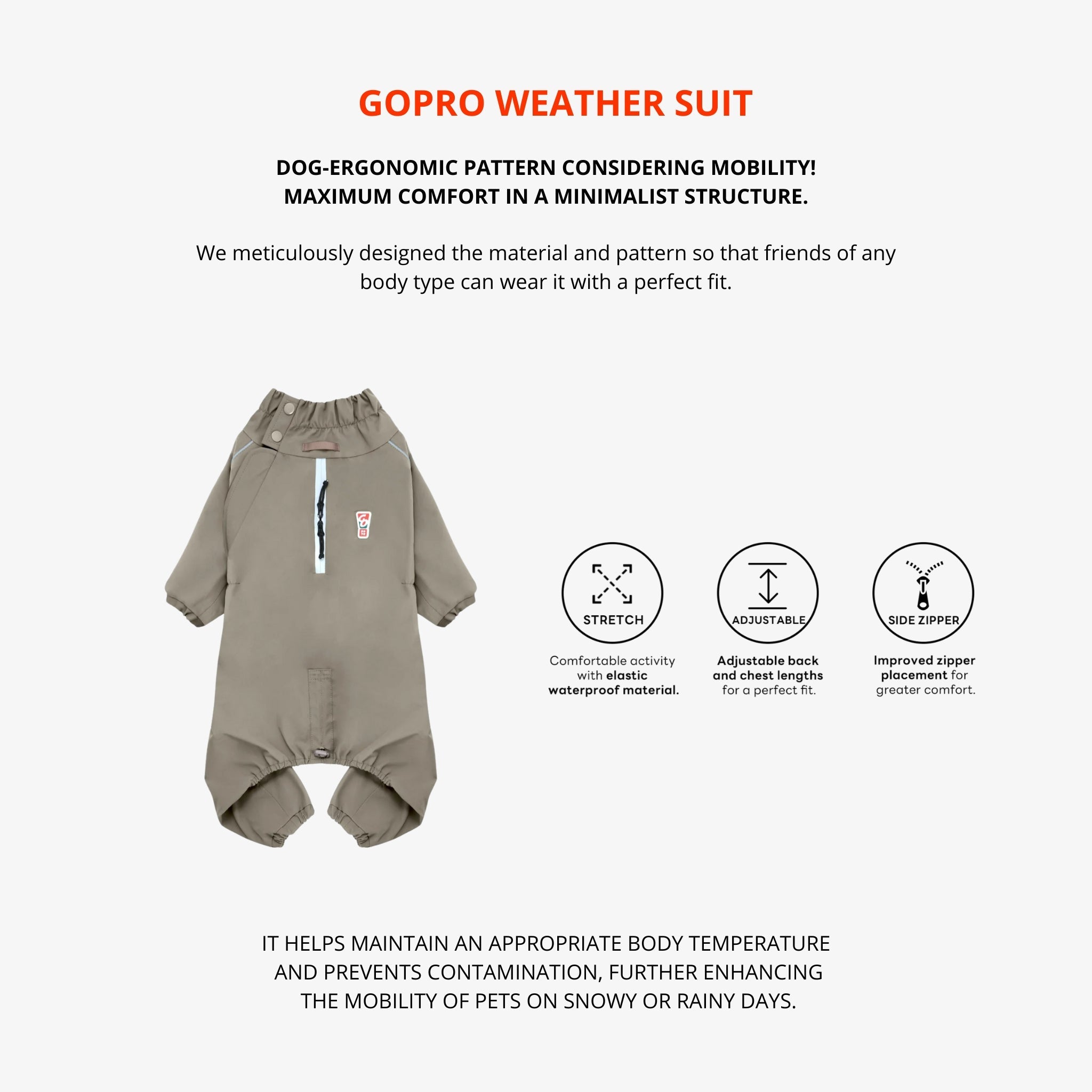 Front flat-lay view of the Puppy Gallery Go Pro Weather Suit highlighting its dog-ergonomic minimalist pattern, comfortable elastic stretch material, adjustable design, and side zipper placement.
