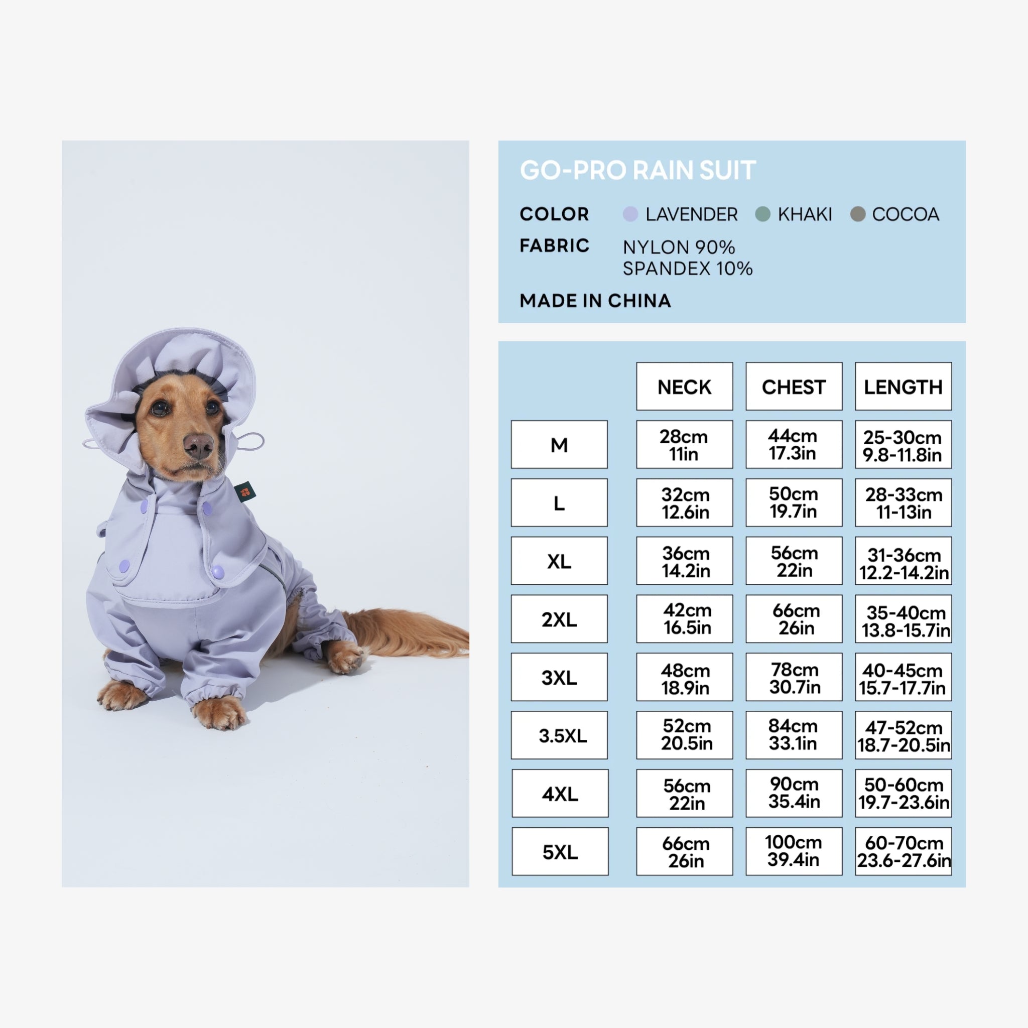 Official sizing chart for the Puppy Gallery Go Pro Weather Suit ranging from medium to 5XL, showing neck, chest, and length measurements alongside a long-haired dachshund modeling the lavender rain jumpsuit.