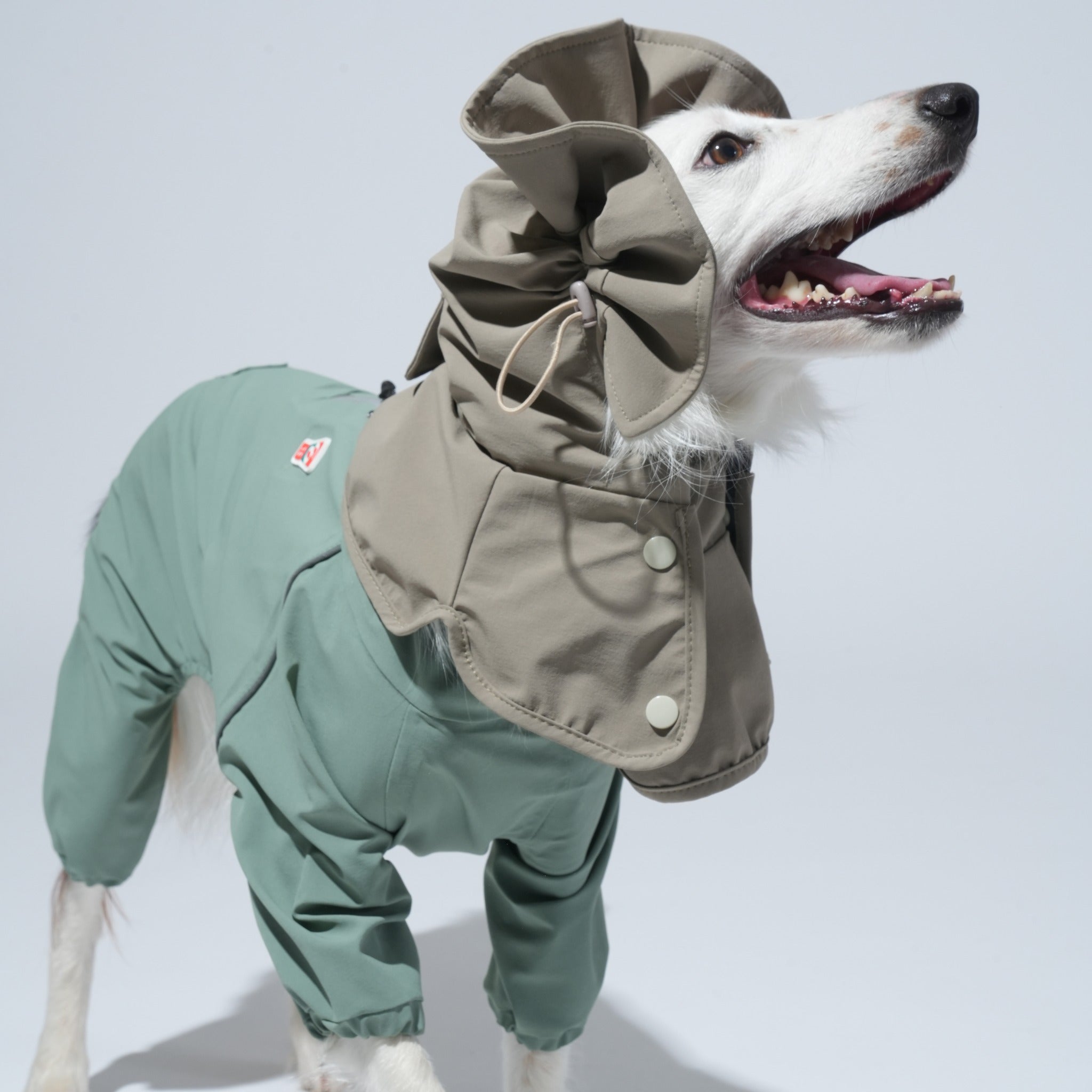 Side profile view of a dog looking up, showing the adjustable toggle drawstring and secure snap buttons of the matching taupe rain hood on the khaki weather suit.