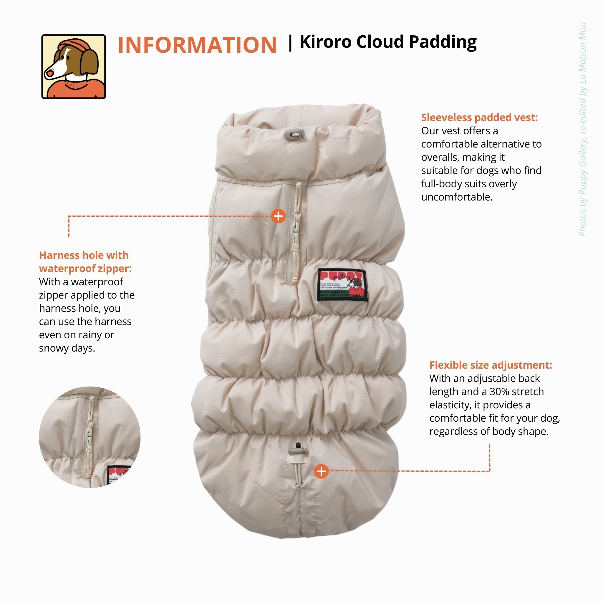 An informational graphic for the beige Kiroro Cloud Padding pet vest, highlighting features like the sleeveless design, the waterproof zipper over the harness hole, and the flexible 30% stretch fabric for size adjustment.
