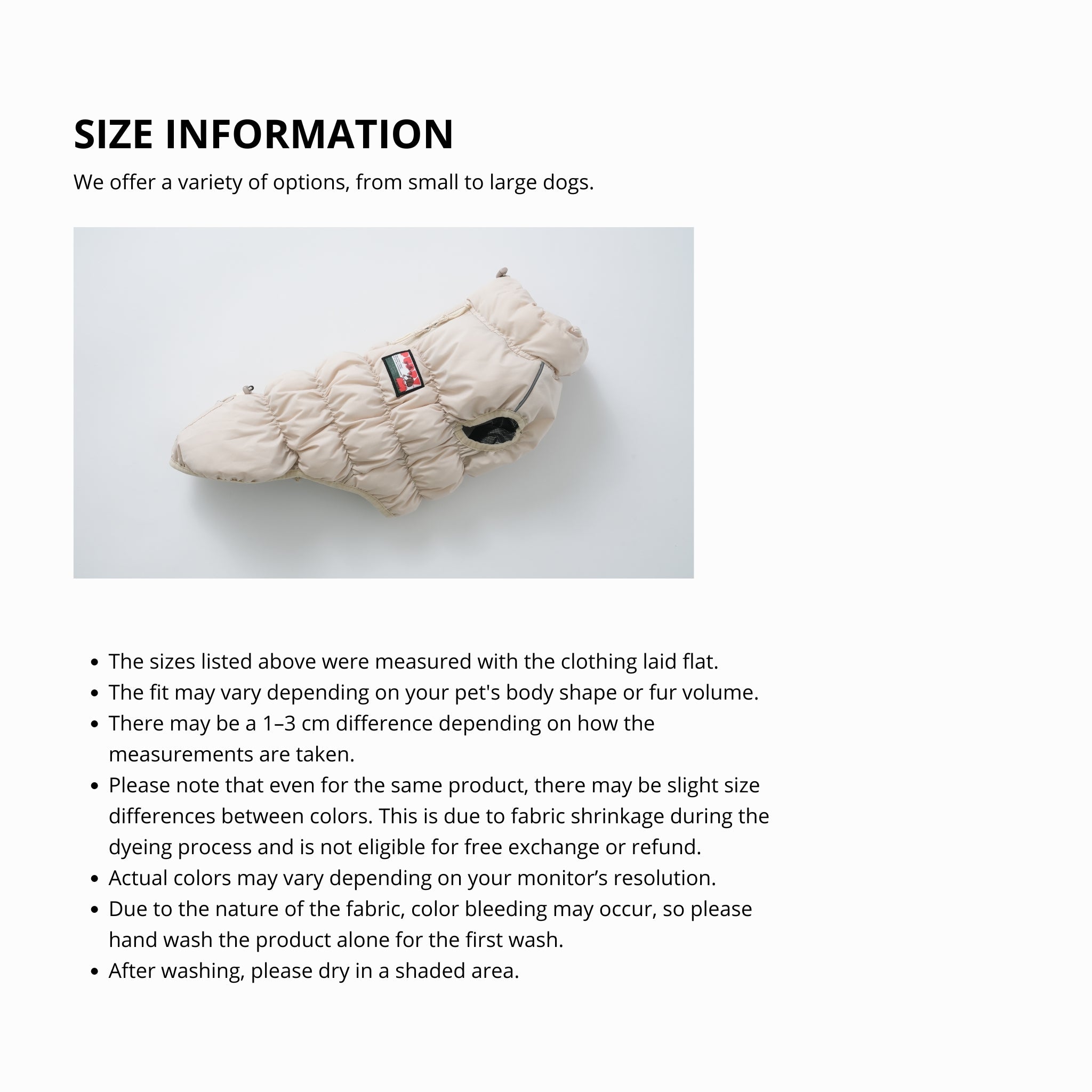 Official sizing chart table for the Puppy Gallery Kiroro Cloud Padding winter dog vest ranging from sizes Medium to 5XL, displayed next to a long-haired dachshund modeling the beige variant.