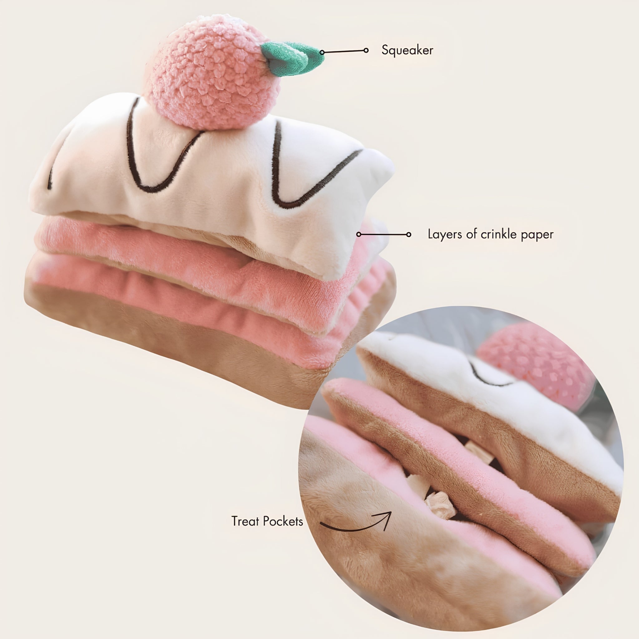 A detailed product diagram of the Pups and Bubs strawberry mille-feuille interactive plush toy, highlighting the squeaker topping, crinkle paper layers, and hidden nosework treat pockets.
