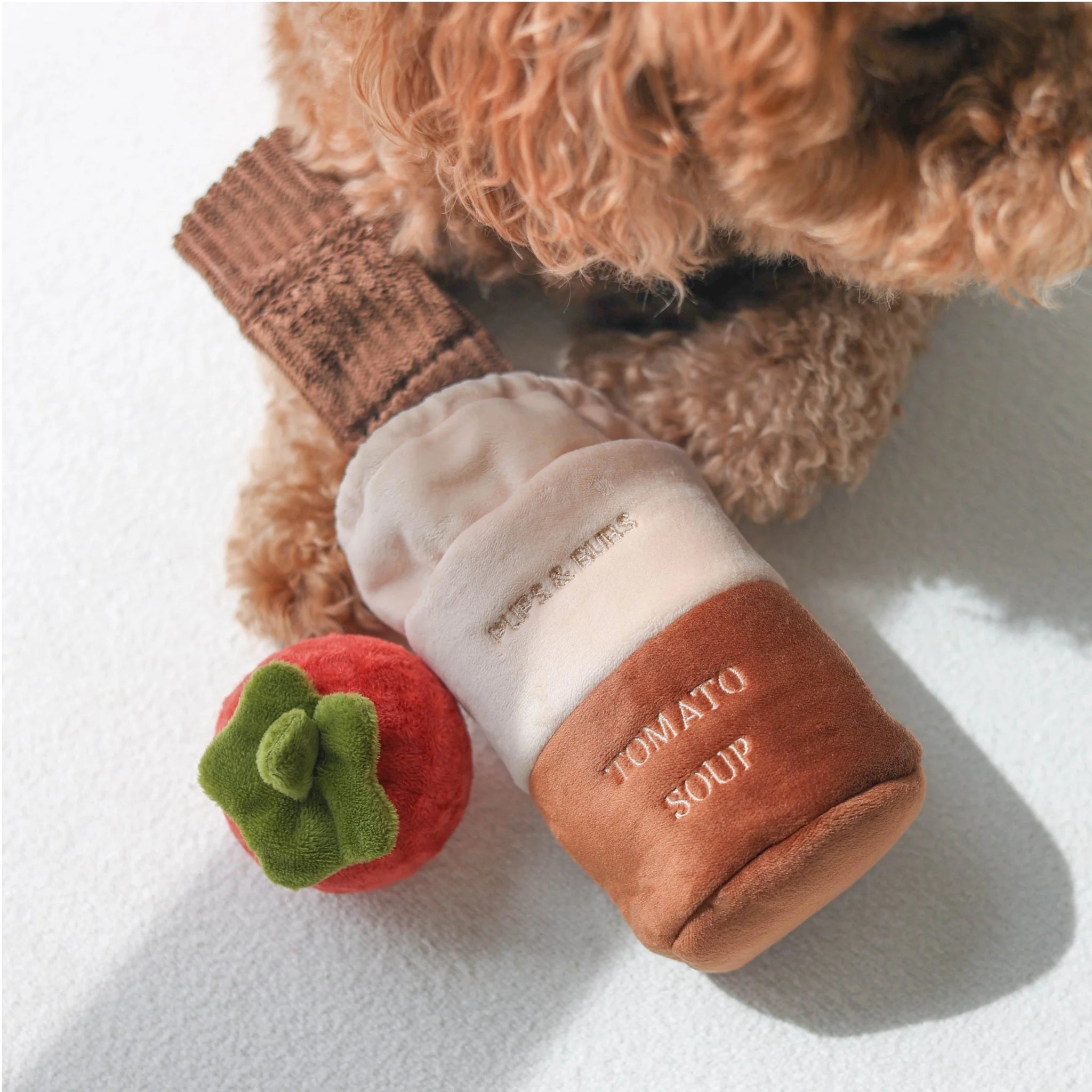 Close-up shot of a curly brown poodle resting its head next to the Pups and Bubs Tomato Soup interactive plush dog toy and its plush tomato accessory.