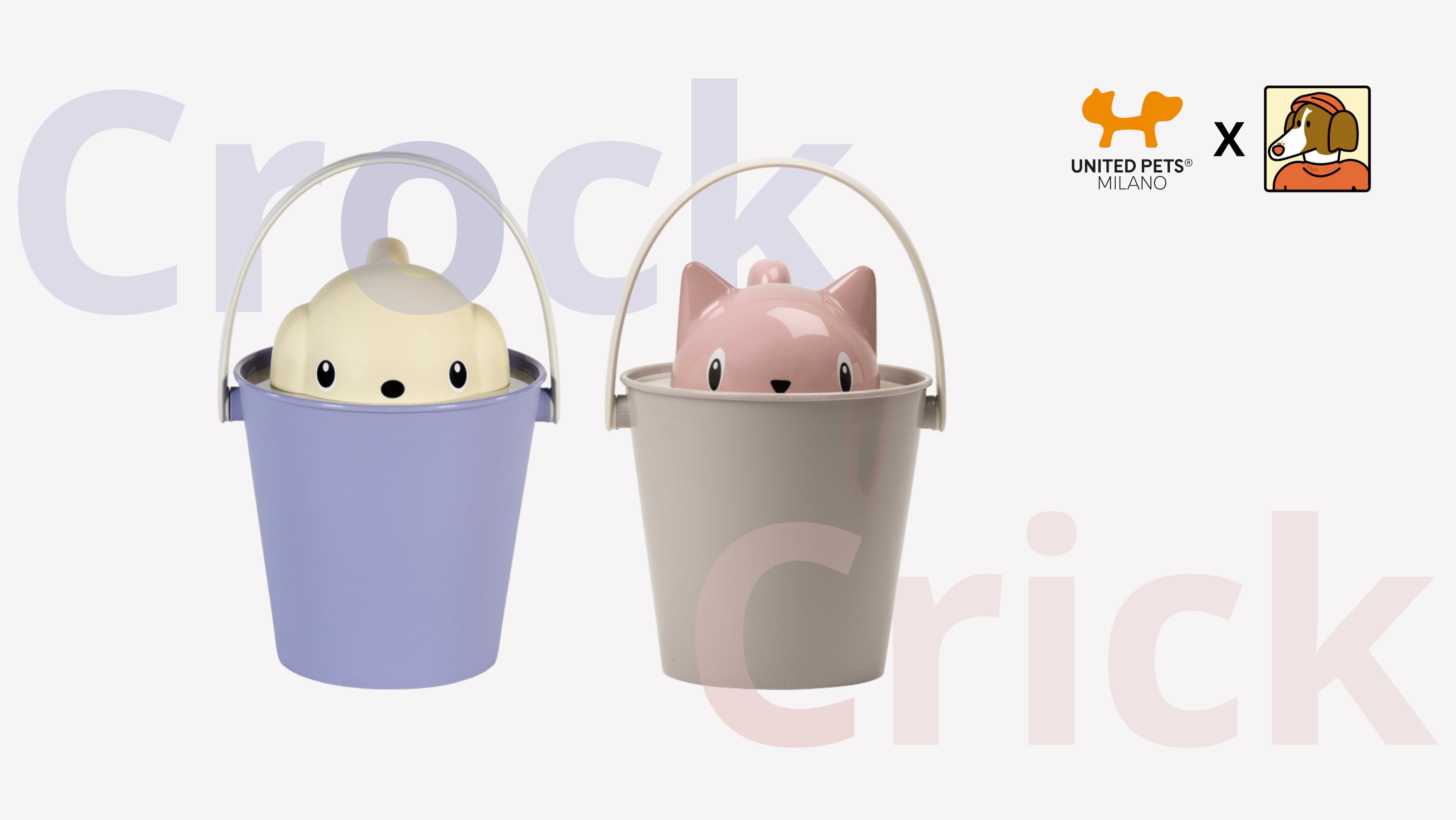 United Pets Crick and Crock airtight food containers with cat and dog lids in beige and lilac