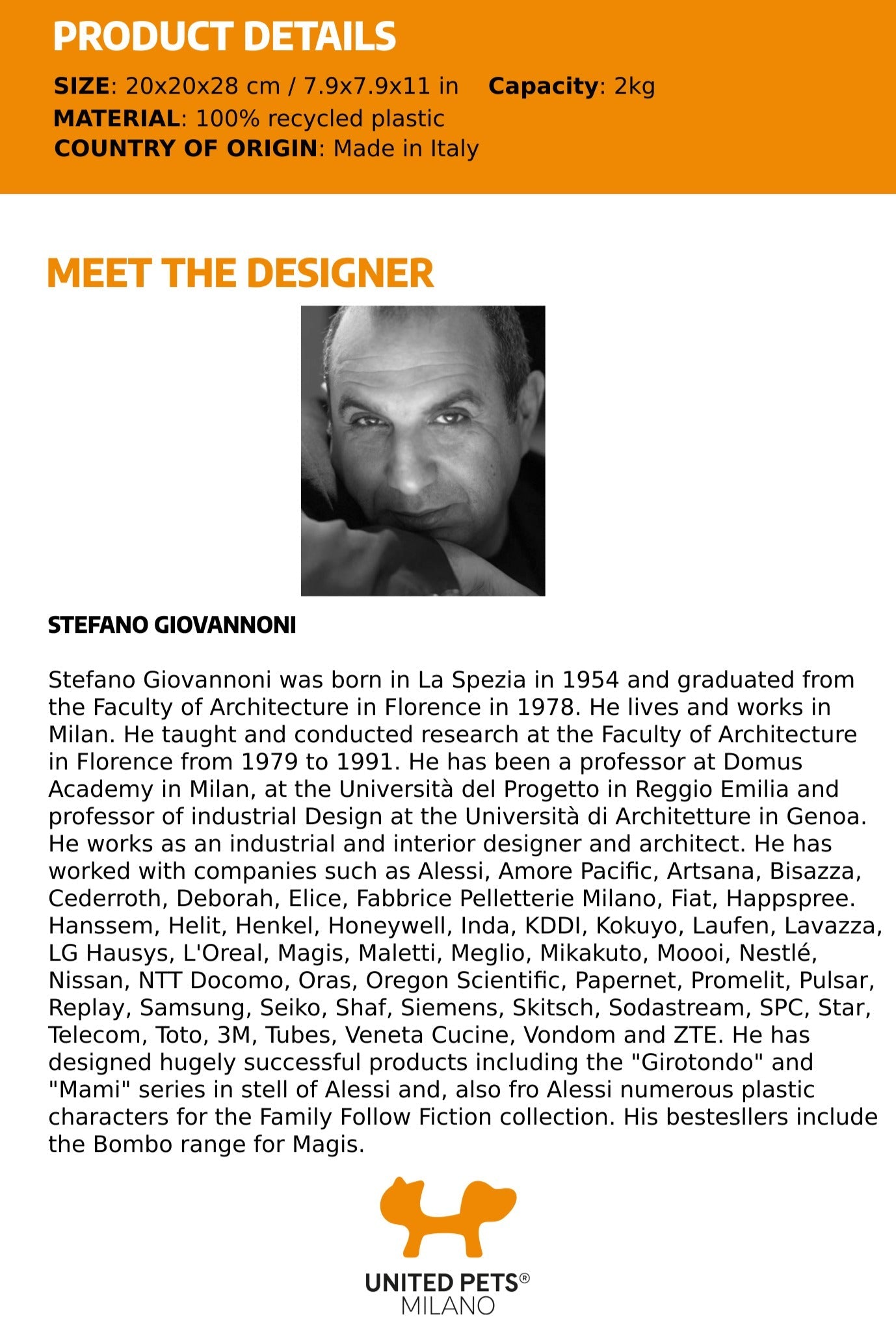 An informational product details sheet for the United Pets pet food container line, outlining its 2kg capacity and recycled plastic material alongside a featured biographical profile of industrial designer Stefano Giovannoni.