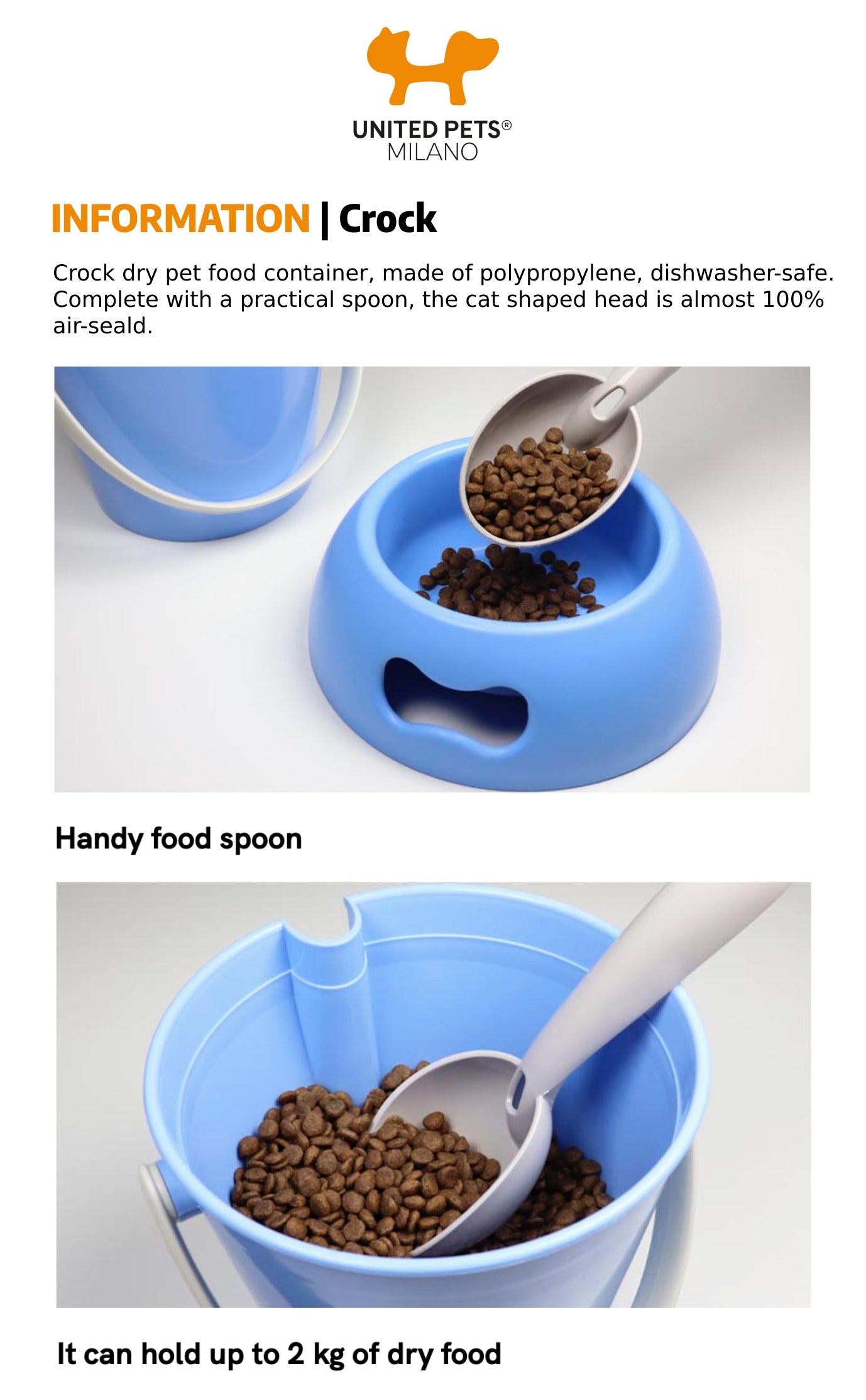 A product info graphic for the blue United Pets Crock dog dry food container, illustrating the handy grey food spoon scooping kibble into a bowl and showing the inside of the 2kg capacity storage bucket.