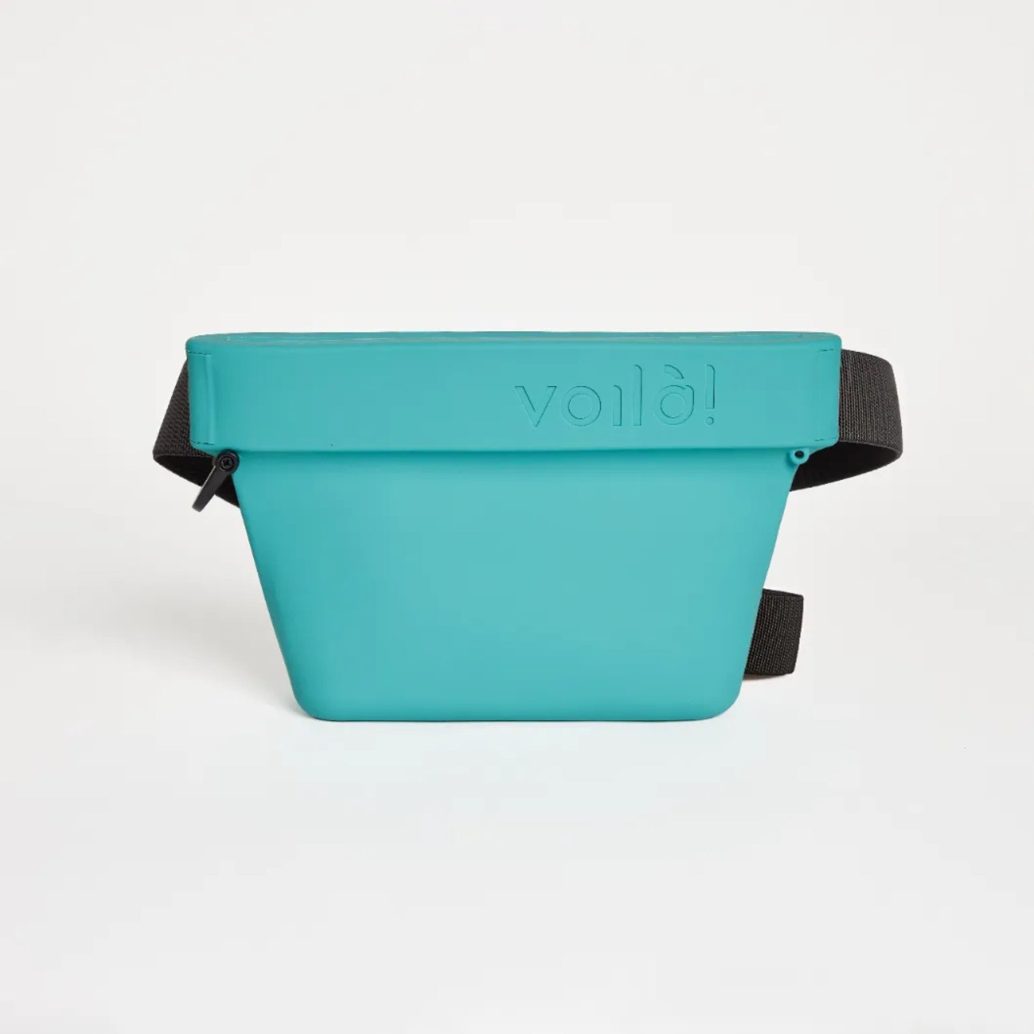 Front view of the cyan blue Voilapets Ultimate Treat Pouch The Mini, showcasing the sleek silicone design with the embossed brand logo on the upper rim.