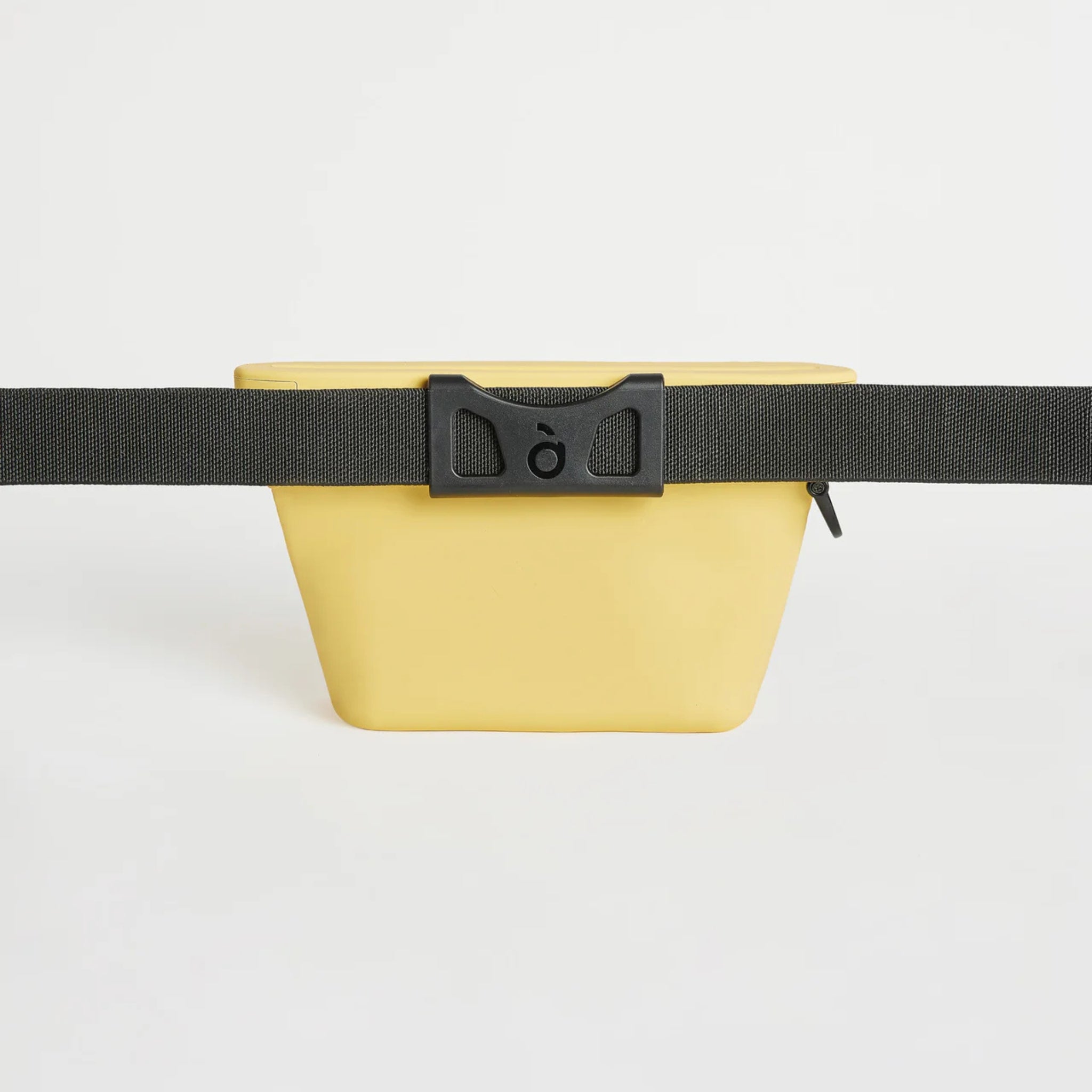 Rear view of the sunflower yellow Ultimate Treat Pouch The Mini by Voilapets, secured to an adjustable black nylon dog training waist belt.