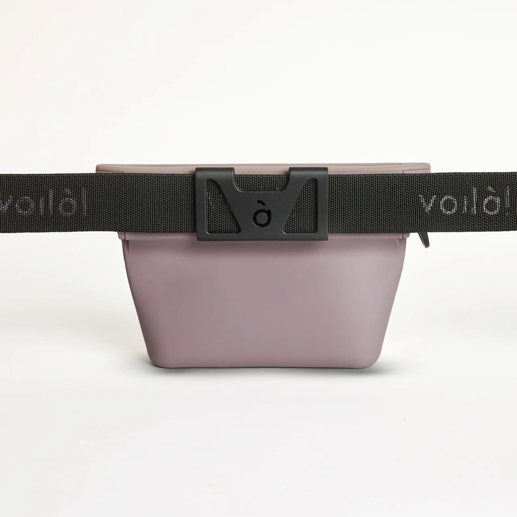 Rear view of the mist gray Ultimate Treat Pouch The Standard by Voilapets, secured to an adjustable black nylon dog training waist belt.
