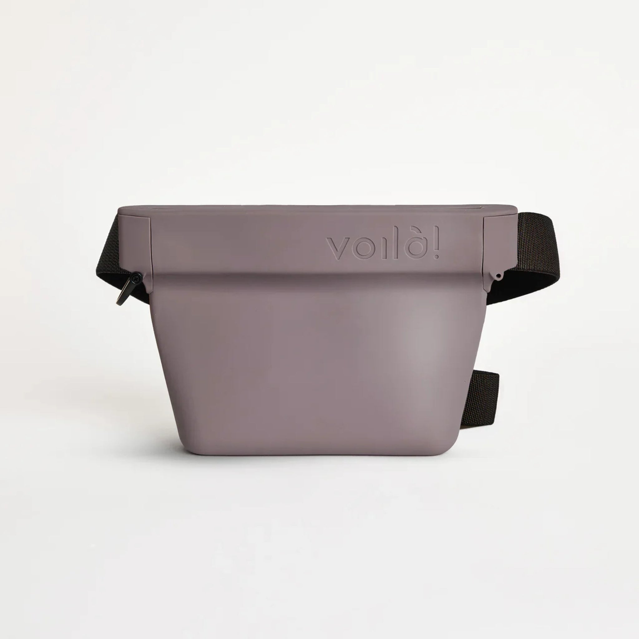 Front view of the mist gray Voilapets Ultimate Treat Pouch The Standard, showcasing the clean silicone design with the embossed brand logo on the upper rim.